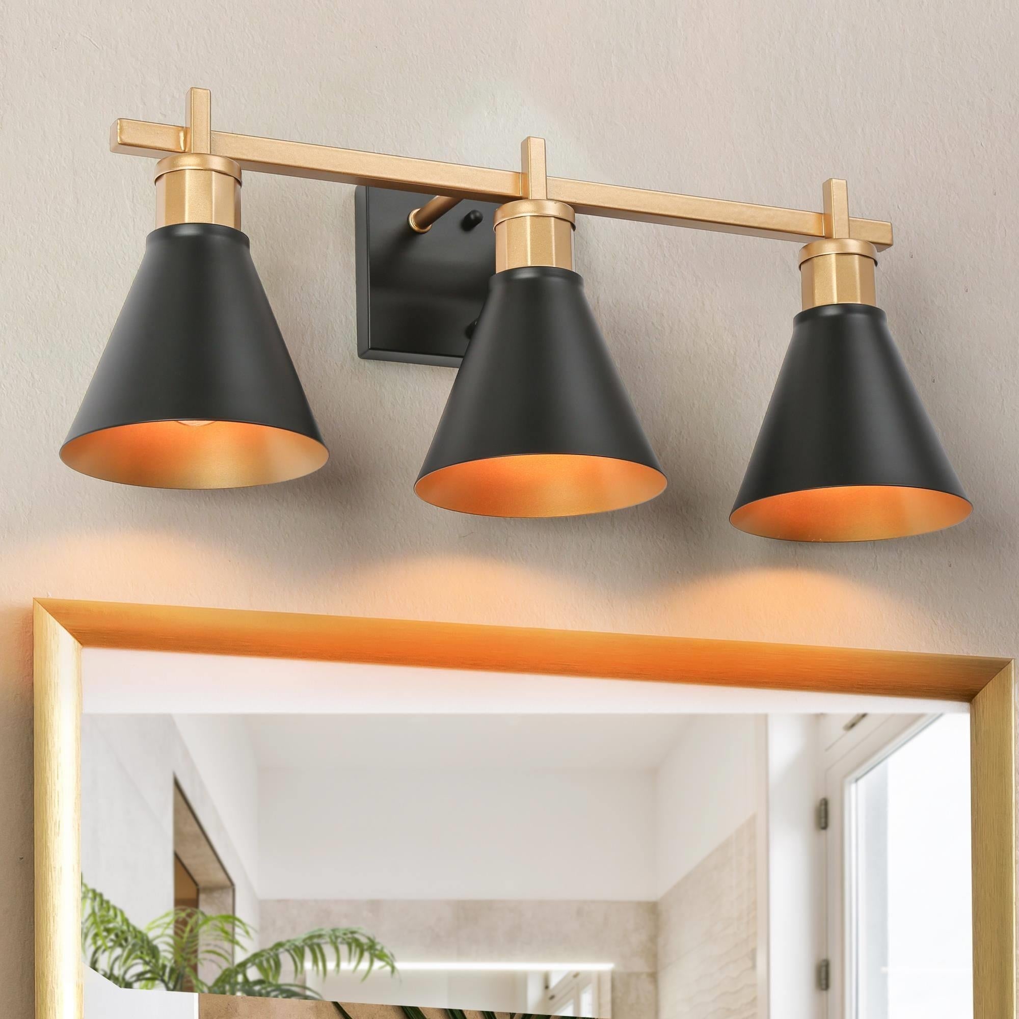 Reuel Modern Contemporary 3-Light Black Gold Bathroom Vanity Lights Metal Wall Sconces - Mycitystee