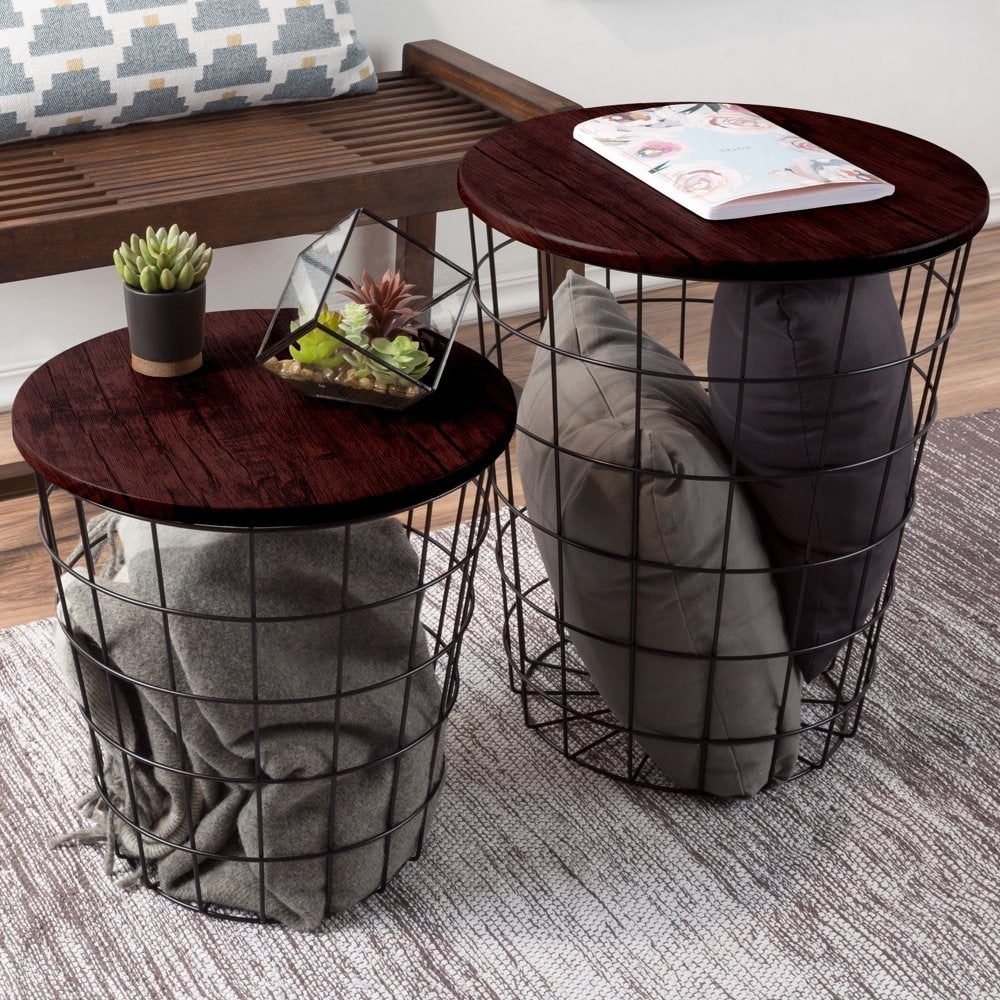 Nesting End Tables with Storage - Set of 2 Convertible Round Metal Storage Basket Base with Veneer Top (Cherry) - Mycitystee