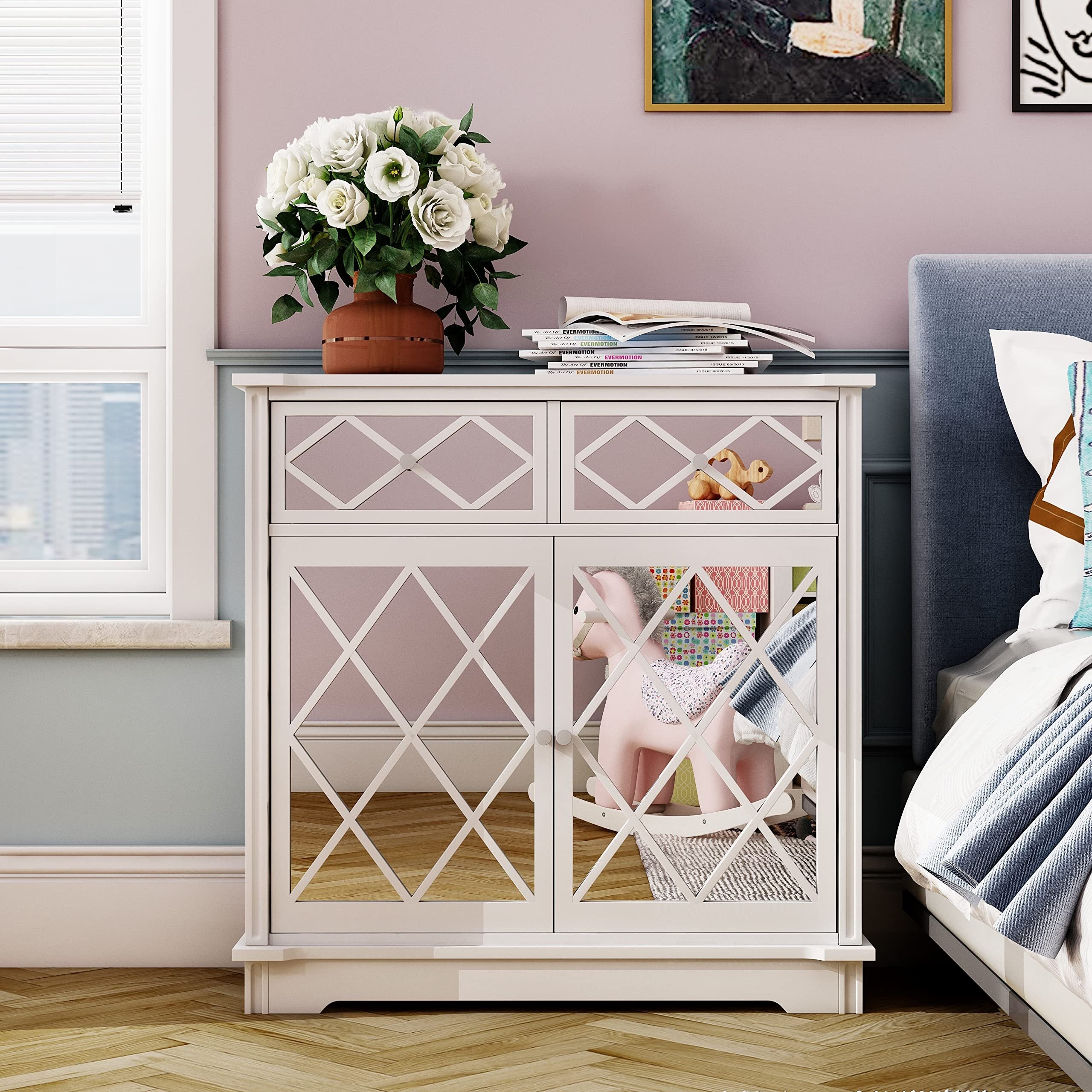 Storage Cabinet with Two Decorative Mirror Doors and 2 Slide-Out Drawers - - 37980818 - Mycitystee