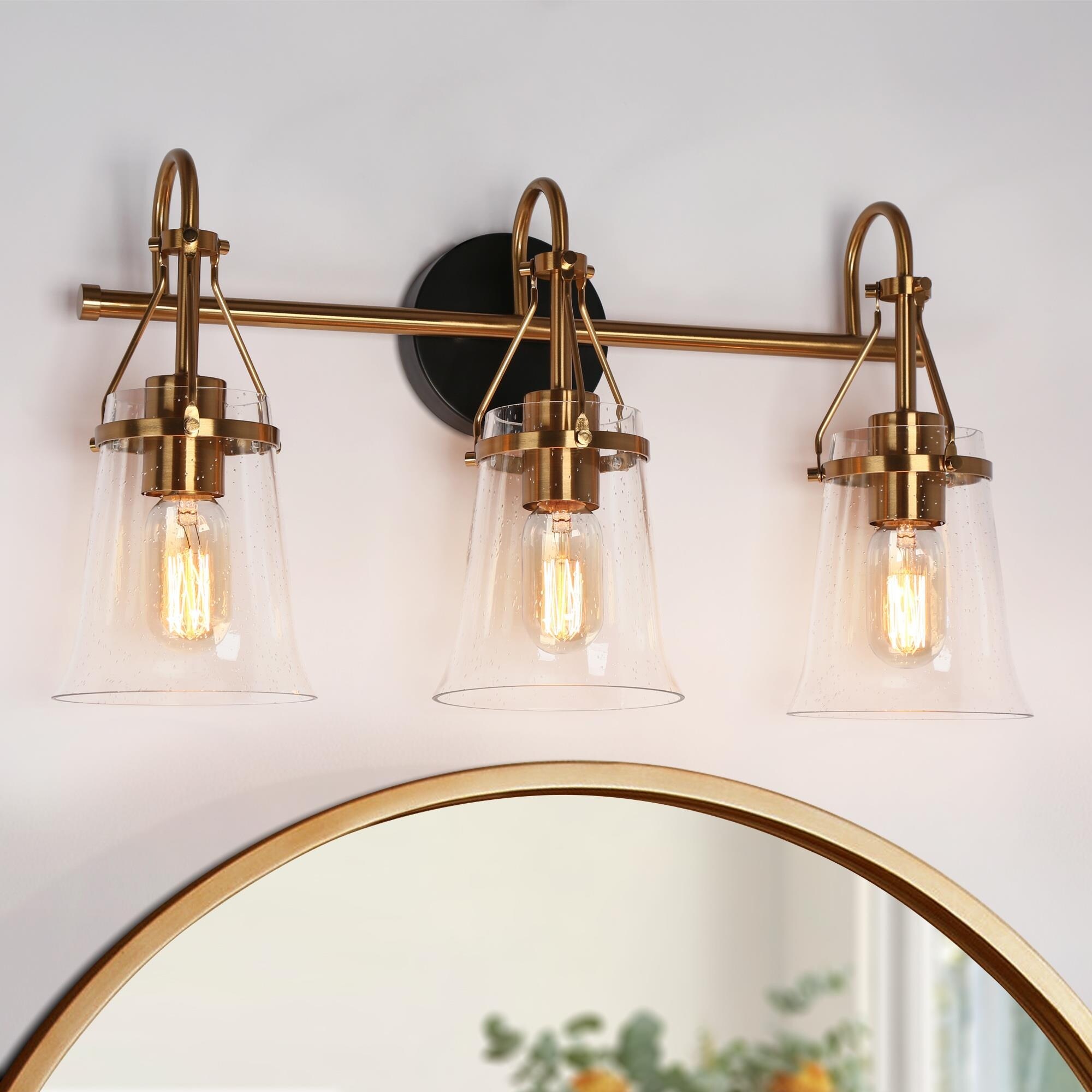 Haye Mid-Century Modern 3-Light Bell Shape Seeded Glass Bathroom Vanity Light - L 22