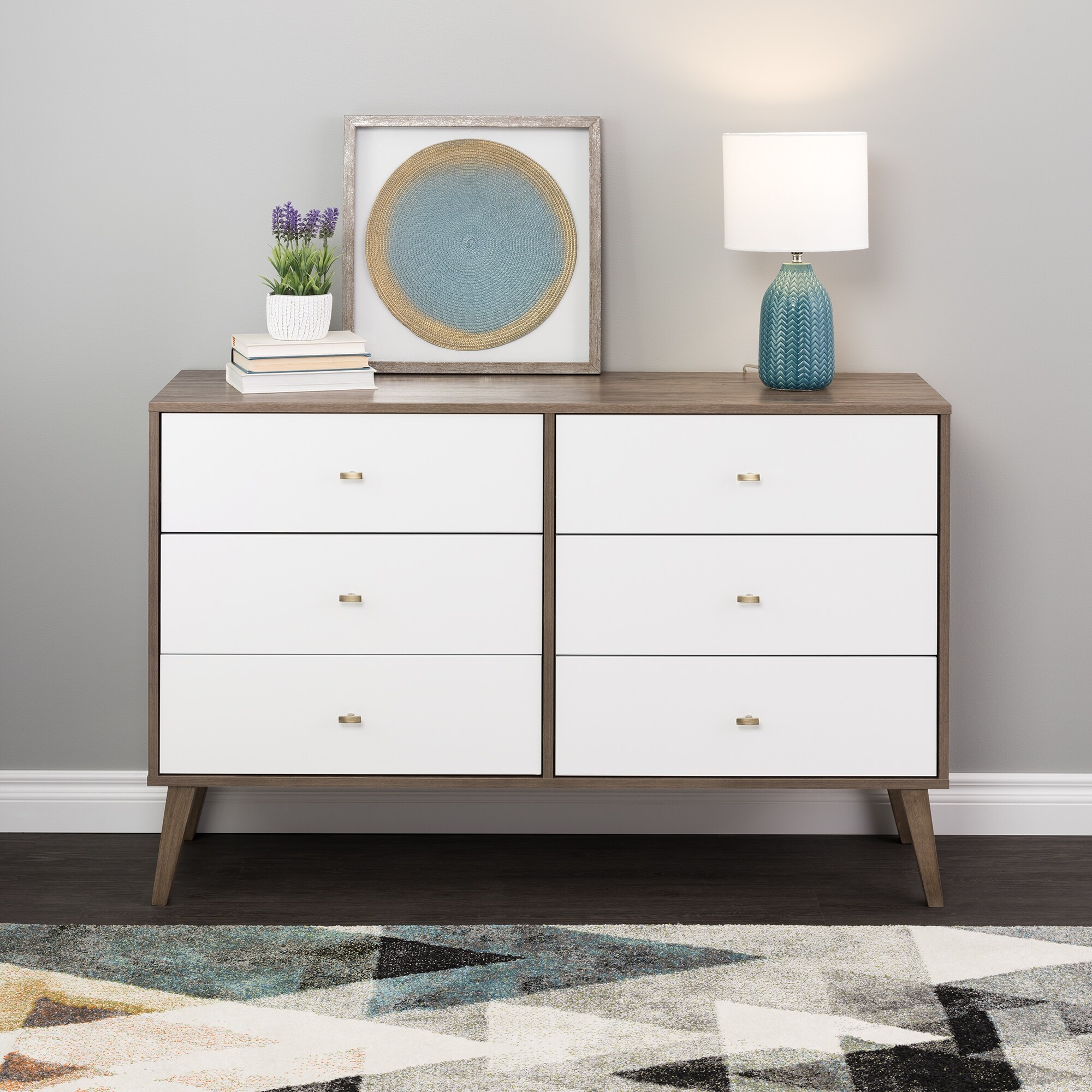 Milo Mid-Century Modern 6-Drawer Double Dresser， Drifted Gray and White - - 36139304 - Mycitystee