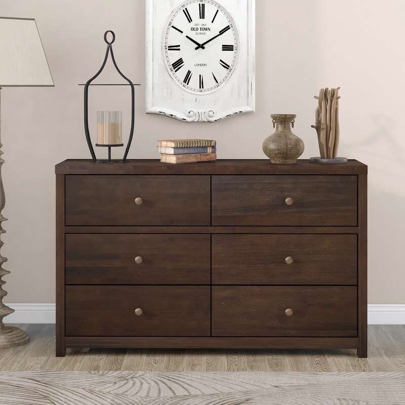 Vintage Solid Wood 6 Drawer Double Dresser， Rich Brown - - 36025978 - Mycitystee