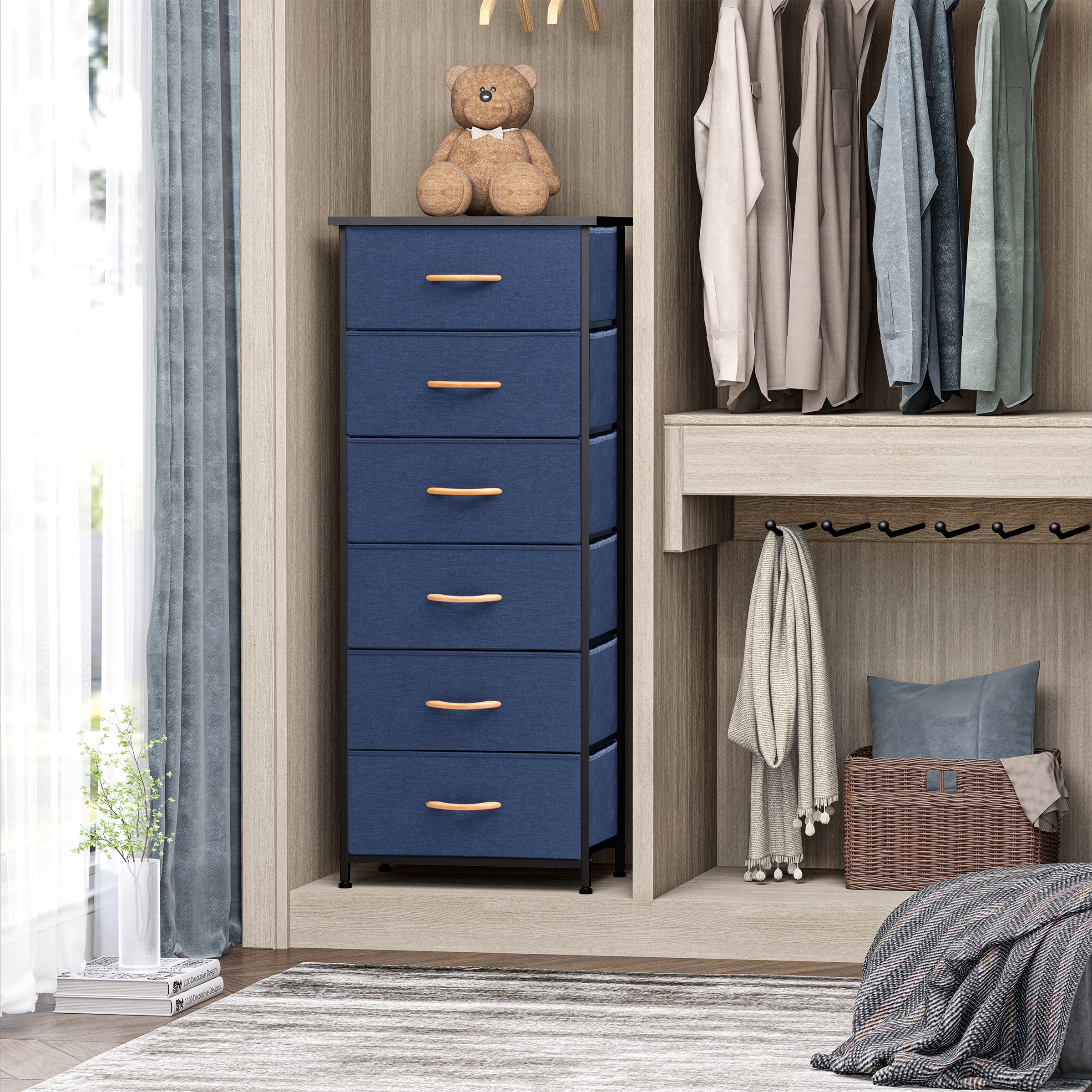 6 Drawers Chest - Vertical Storage Tower Steel / Wood / Fabric Dresser - - 32229806 - Mycitystee