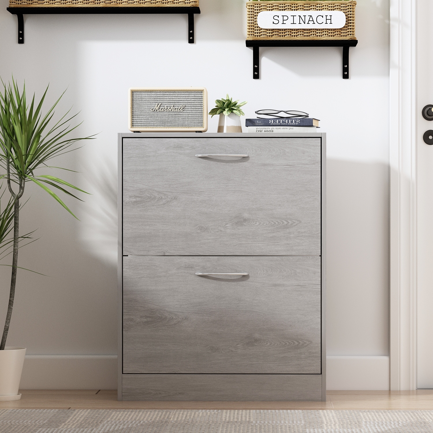 Kerrogee Grey Wood 12-Pair Shoe Storage Cabinet w/ 2 Fold Drawers - - 35491749 - Mycitystee