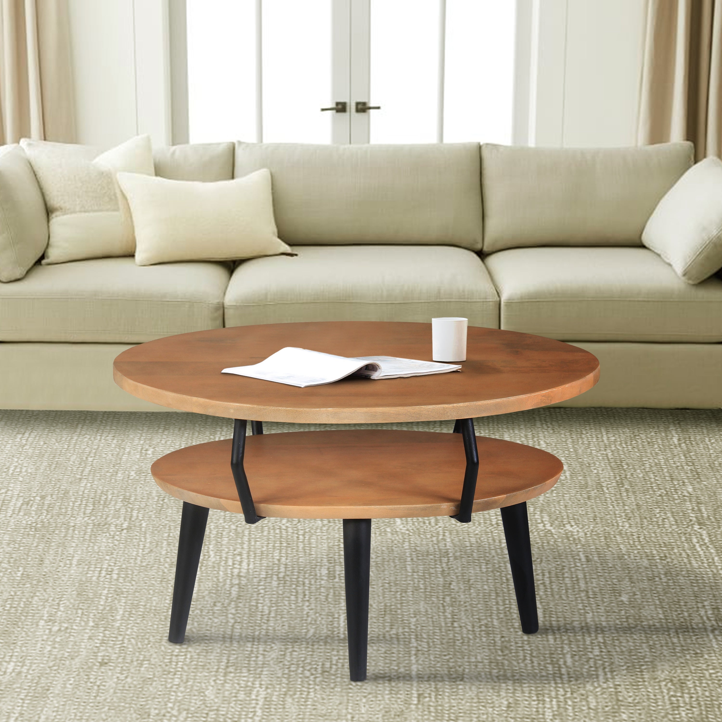 Mango Wood Oval Coffee Table with Open Shelf， Oak Brown and Black - Mycitystee