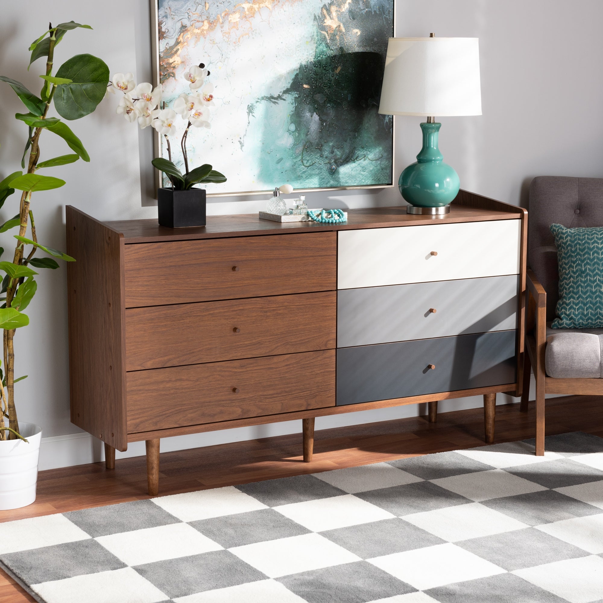 Halden Walnut Brown and Grey Gradient Finished Wood 6-Drawer Dresser - - 32632474 - Mycitystee