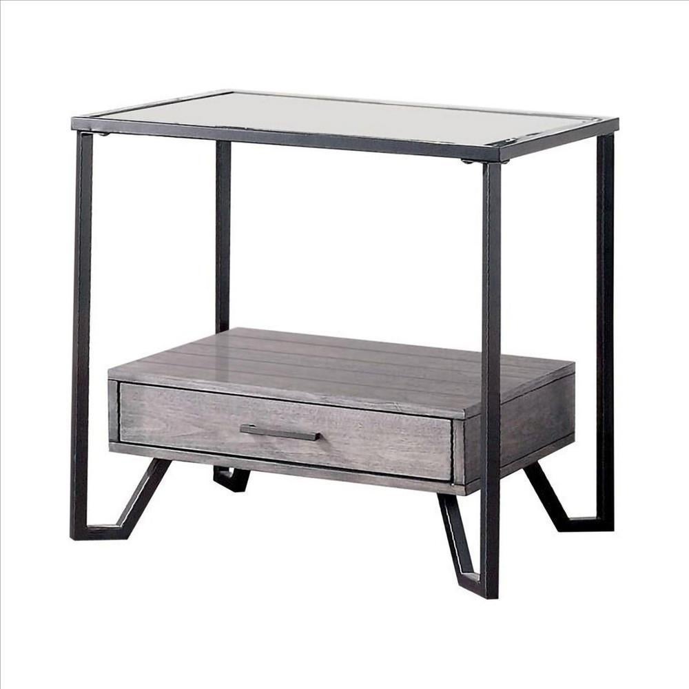 24 Inch Metal End Table with Glass Top and 1 Drawer - 24 H x 22 W x 24 L Inches - Mycitystee