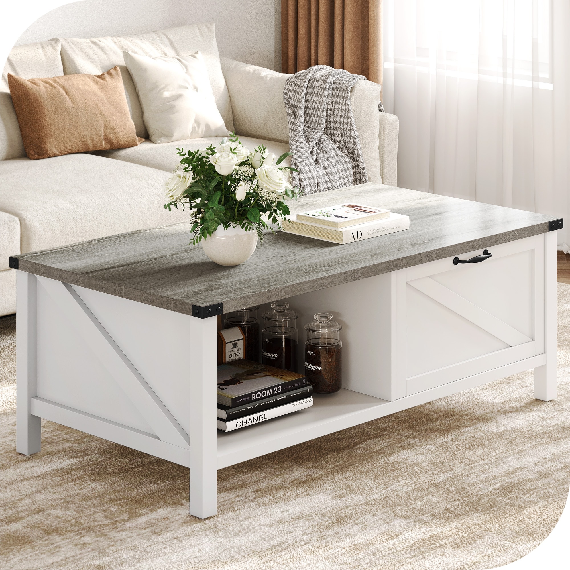 Rectangle Farmhouse 4 Legs Coffee Table with Storage - Mycitystee