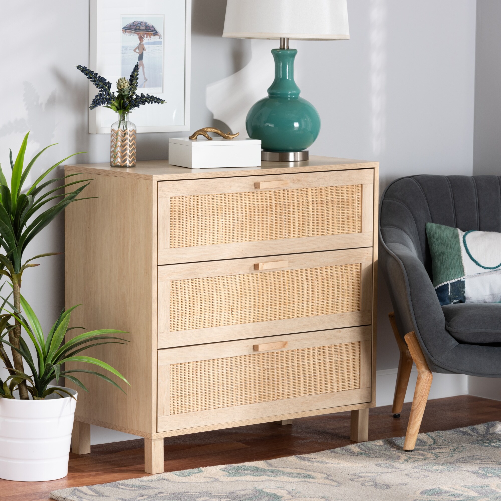 Sebille Mid-Century Modern Light Brown Finished Wood 3-Drawer Storage Cabinet with Natural Rattan - - 35527688 - Mycitystee