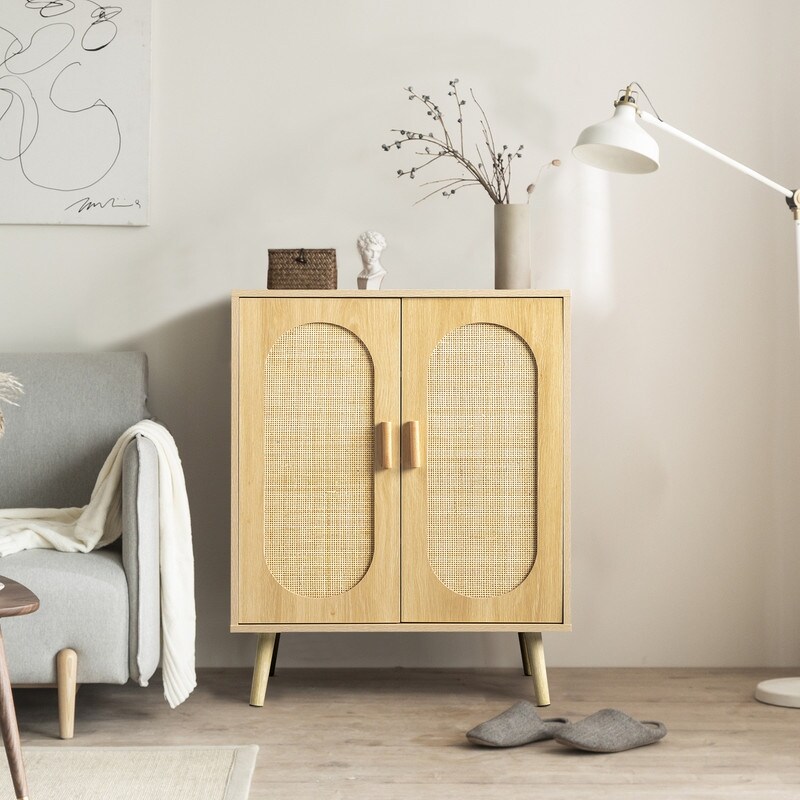 Modern Rattan Shoe Storage Cabinet with Double Doors and Adjustable Shelves， Accent Cabinet for Living Room， Bedroom， Hallway - - 37921072 - Mycitystee