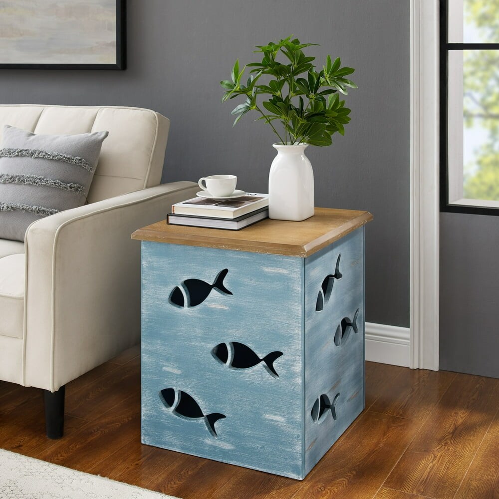 Creekview Coastal Square Metal Accent Side Table with Cutout Fish， Natural Top and Blue Base - Mycitystee