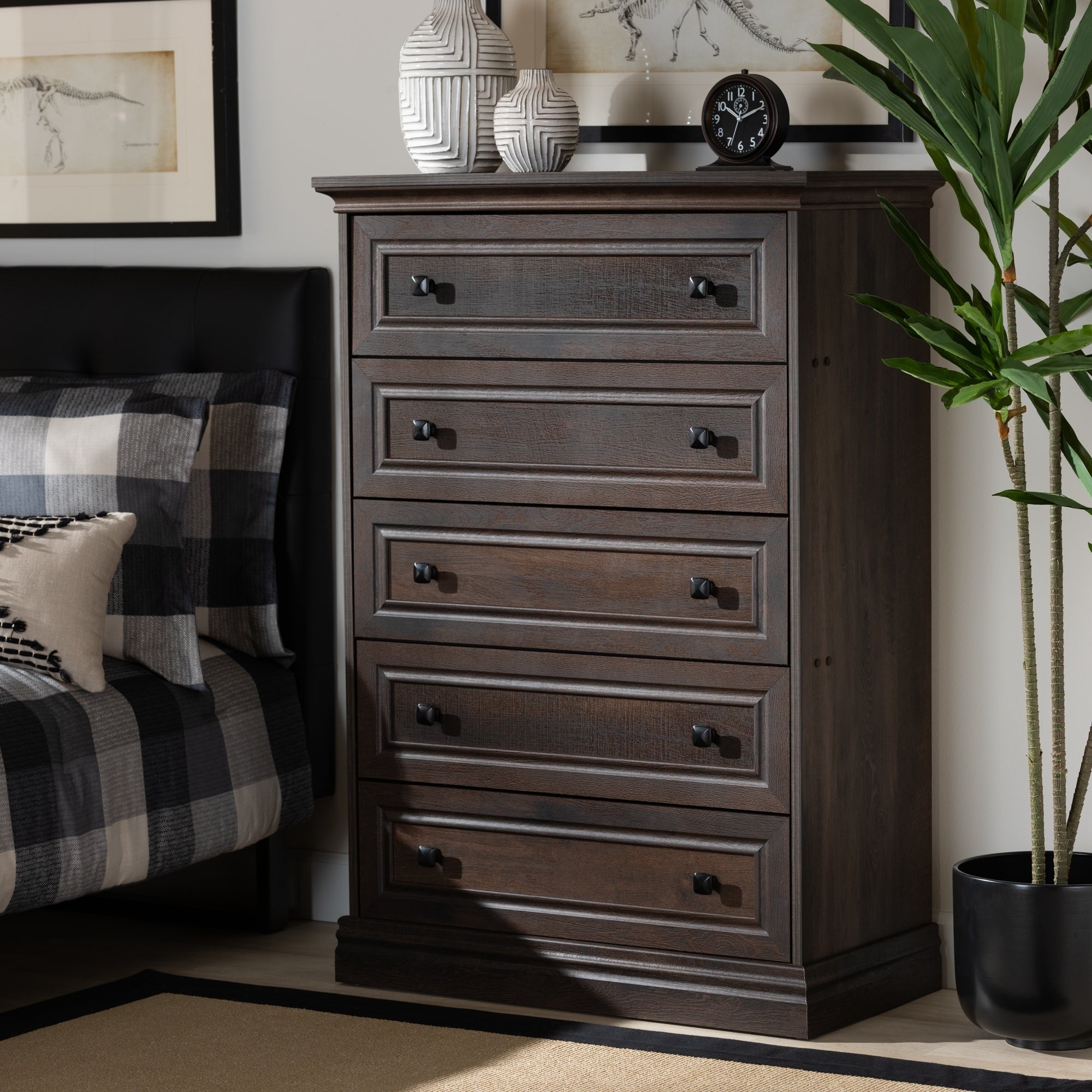 Nolan Traditional Transitional Walnut Finished 5-Drawer Wood Chest - - 30116601 - Mycitystee