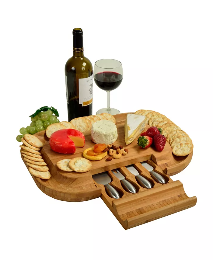Picnic At Ascot Malvern Deluxe Bamboo Cheese Board with Cracker Rim and 4 Tools - Mycitystee