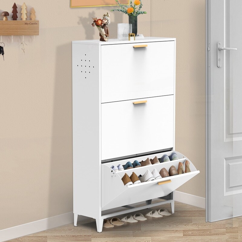 3 Drawer Shoe Cabinet， Freestanding Shoe Rack Storage Organizer with Flip Door， Modern Tipping Bucket Shoe Cabinet - - 37279335 - Mycitystee