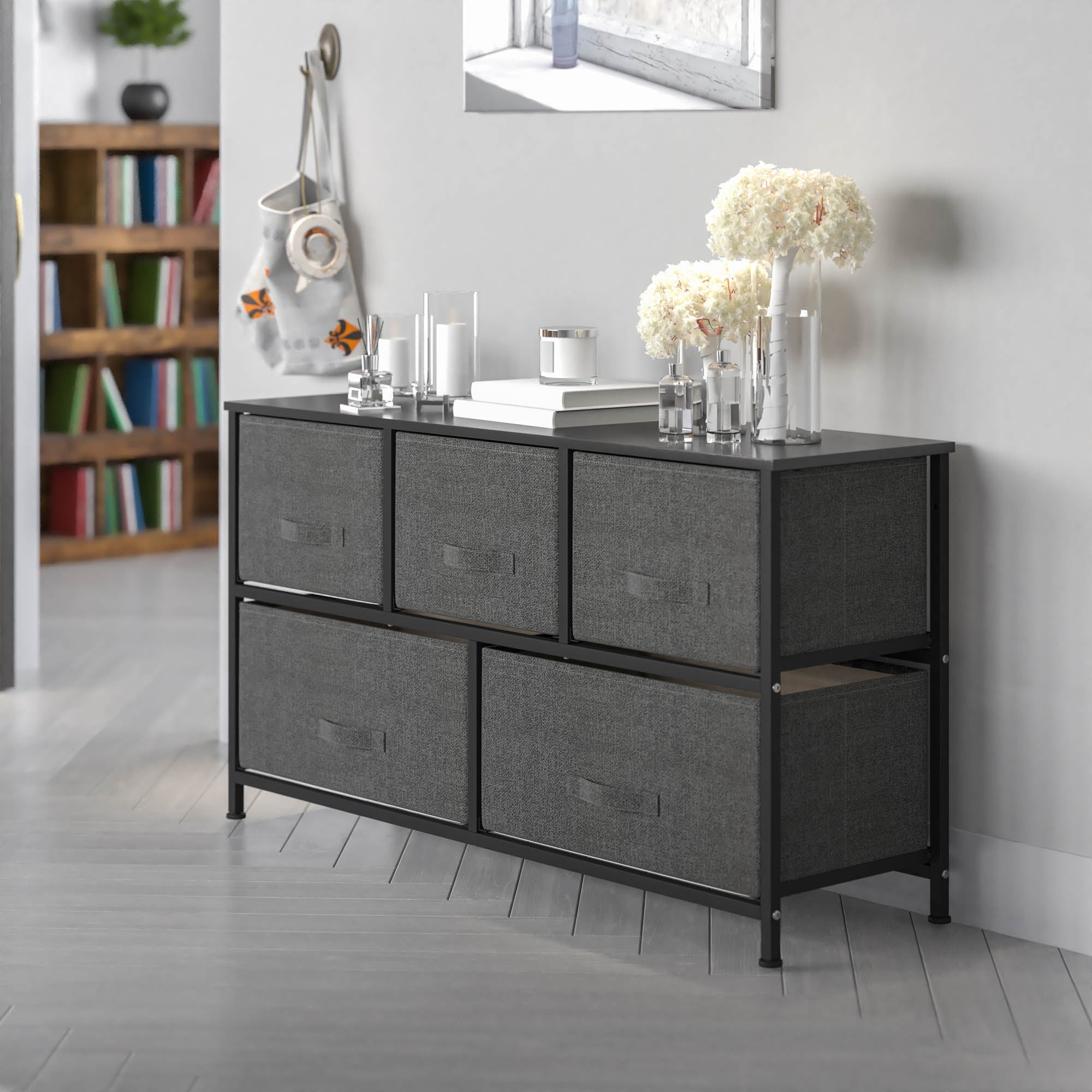 Offex 5 Drawer Wood Top Black Vertical Storage Dresser with Dark Gray - - 35089753 - Mycitystee