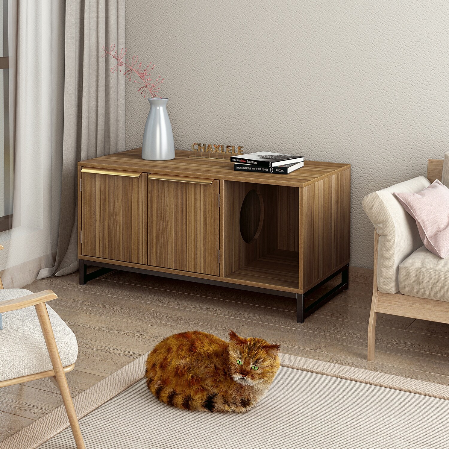 Grodin Cat Litter Box Enclosure， Cat Washroom with Metal Legs， Enclosed Cat Box Cabinet Pet House with Double Doors - Mycitystee