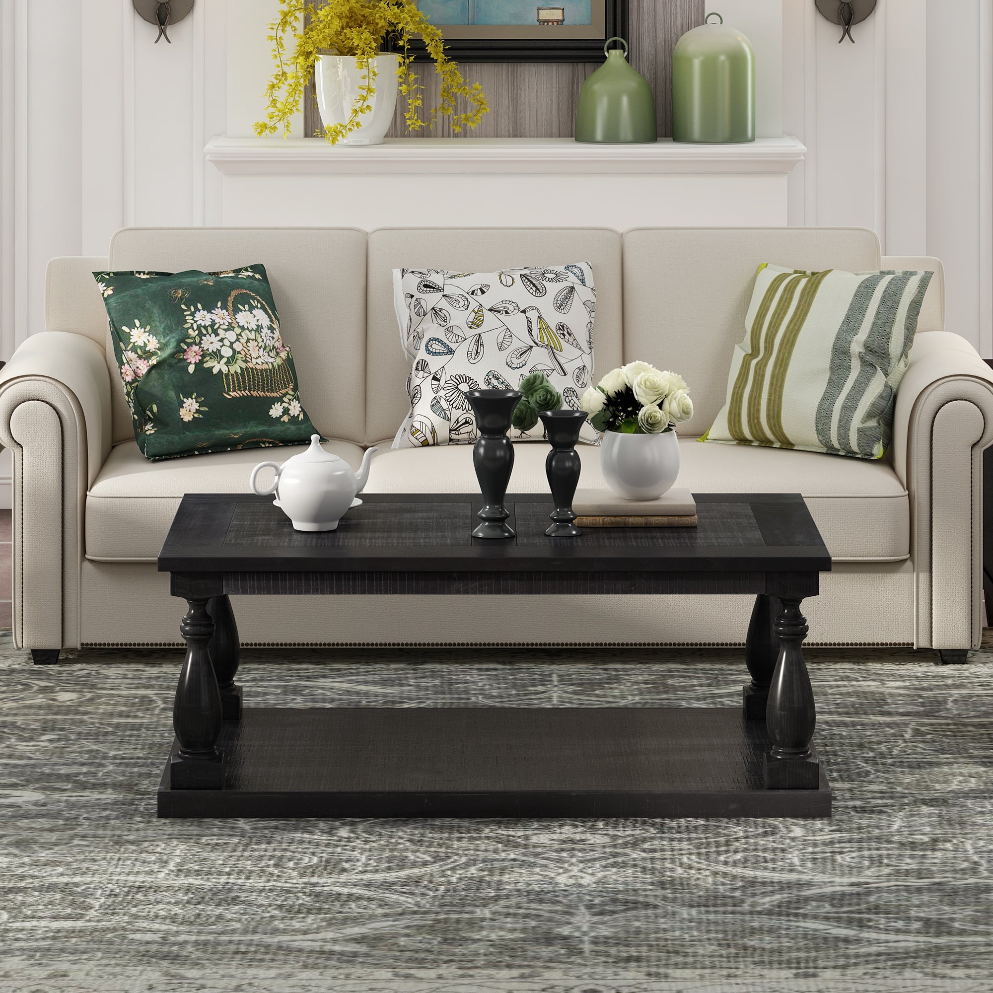 Rustic Floor Rectangle Coffee Table with Storage and Solid Pine Wood， Open Type Shelf End Tables， Carved Support Pillars Design - Mycitystee