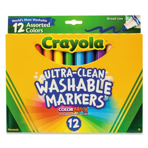 Crayola Ultra-Clean Washable Markers， Broad Bullet Tip， Assorted Colors， Dozen (587812) - Mycitystee