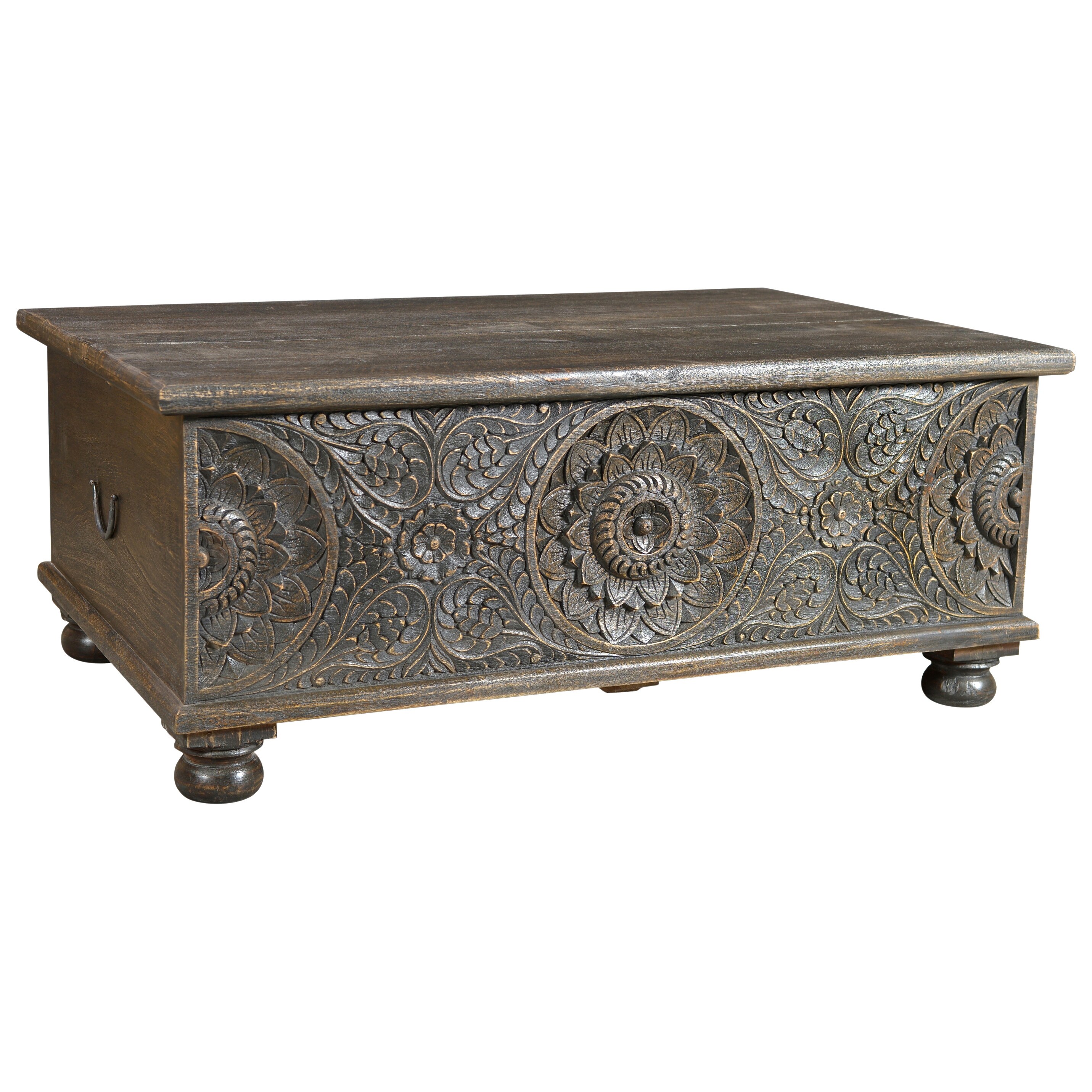 Florence Floral Carved Wood Coffee Table with Storage in Antique Black - Mycitystee