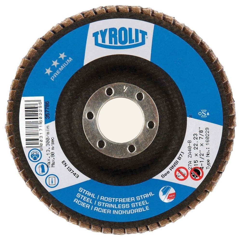 Tyrolit PREMIUM 4-1/2 ​X ​7/8 Zirconia Flap Discs for Steel and Stainless Steel -Type 29 - Mycitystee