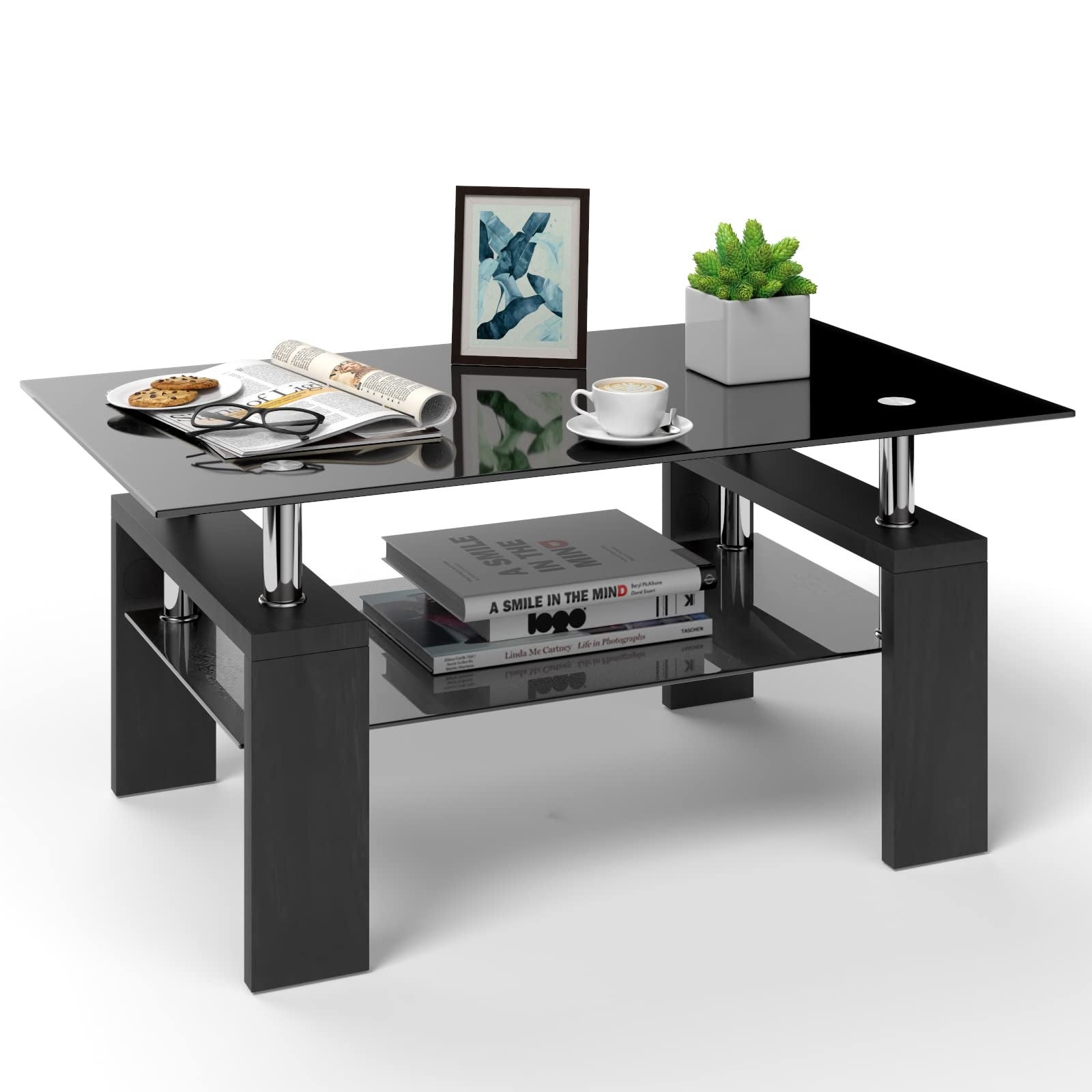 Rectangle Glass Coffee Table， 2-Tier Tea Table w/Tempered Glass Tabletop and Stainless Steel Tube， Modern Center - as picture - Mycitystee
