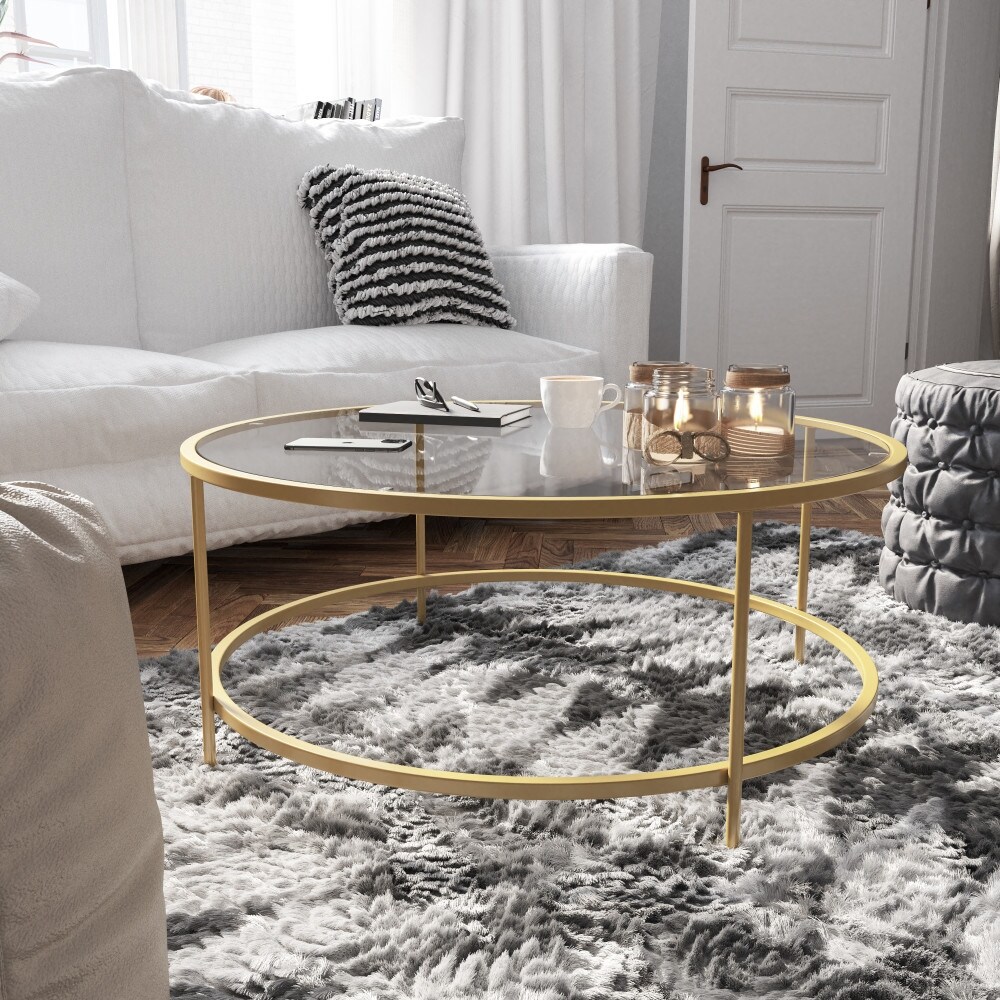 Glass Living Room Coffee Table with Round Metal Frame - Mycitystee