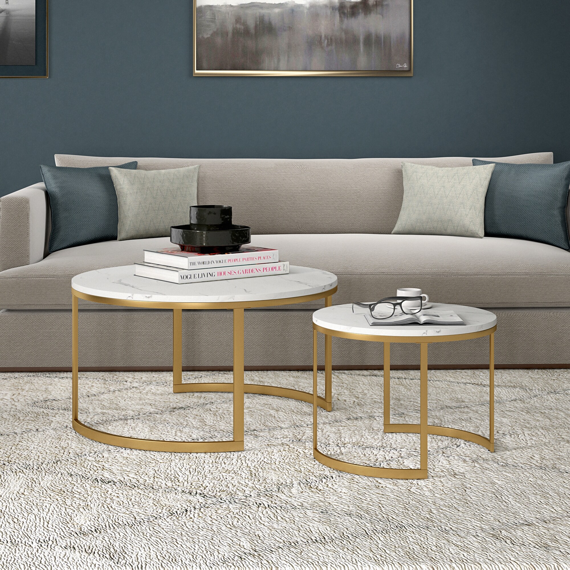 Mitera Round Nested Coffee Table with Faux Marble Top - Mycitystee