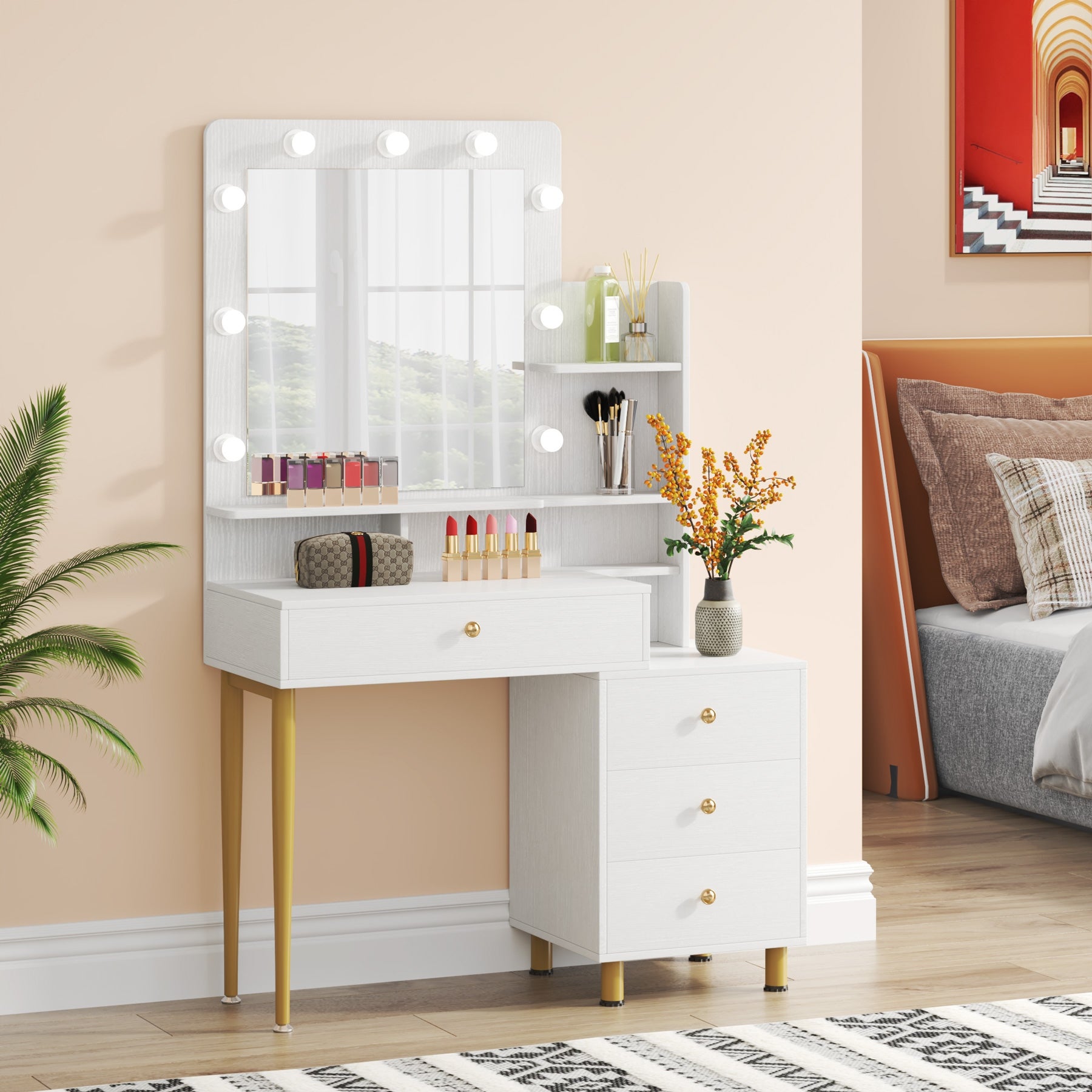 Vanity Dressing Make Up Table with Lighted Mirror And Drawers Shelf - - 32789978 - Mycitystee