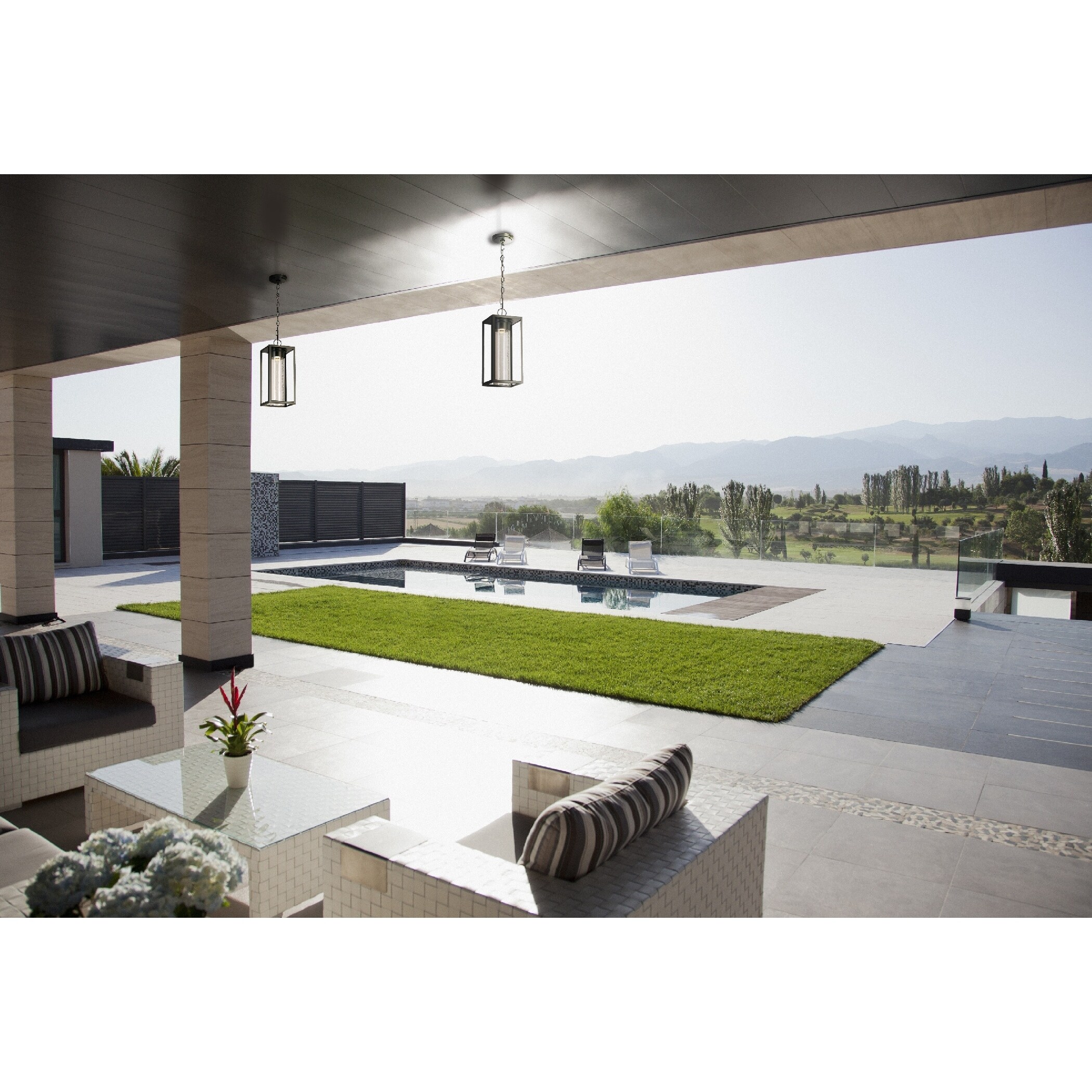 Eglo Walker Hill Matte Black LED Outdoor Pendant with Clear Seedy Glass - Mycitystee