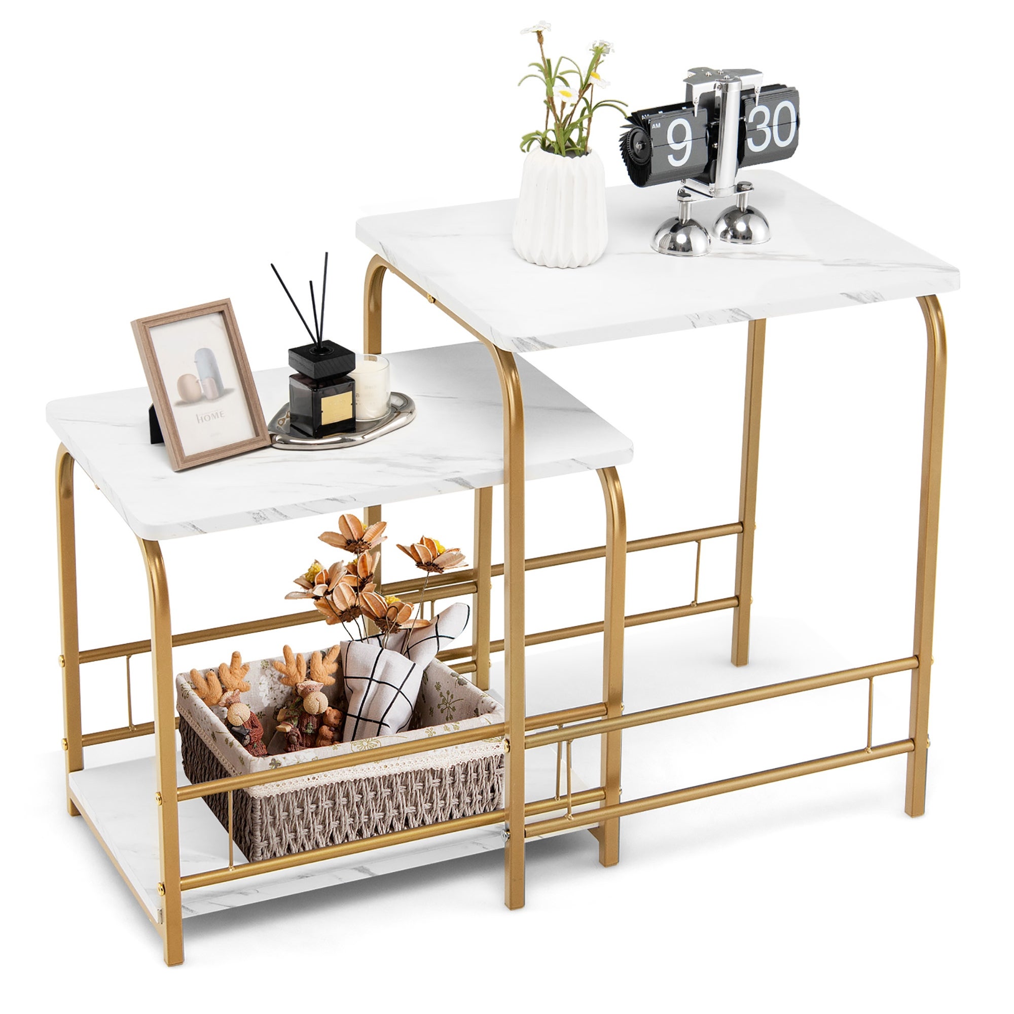 Costway 2 PCS Side End Marble Coffee Bedside Table for Living Room - See Details - Mycitystee