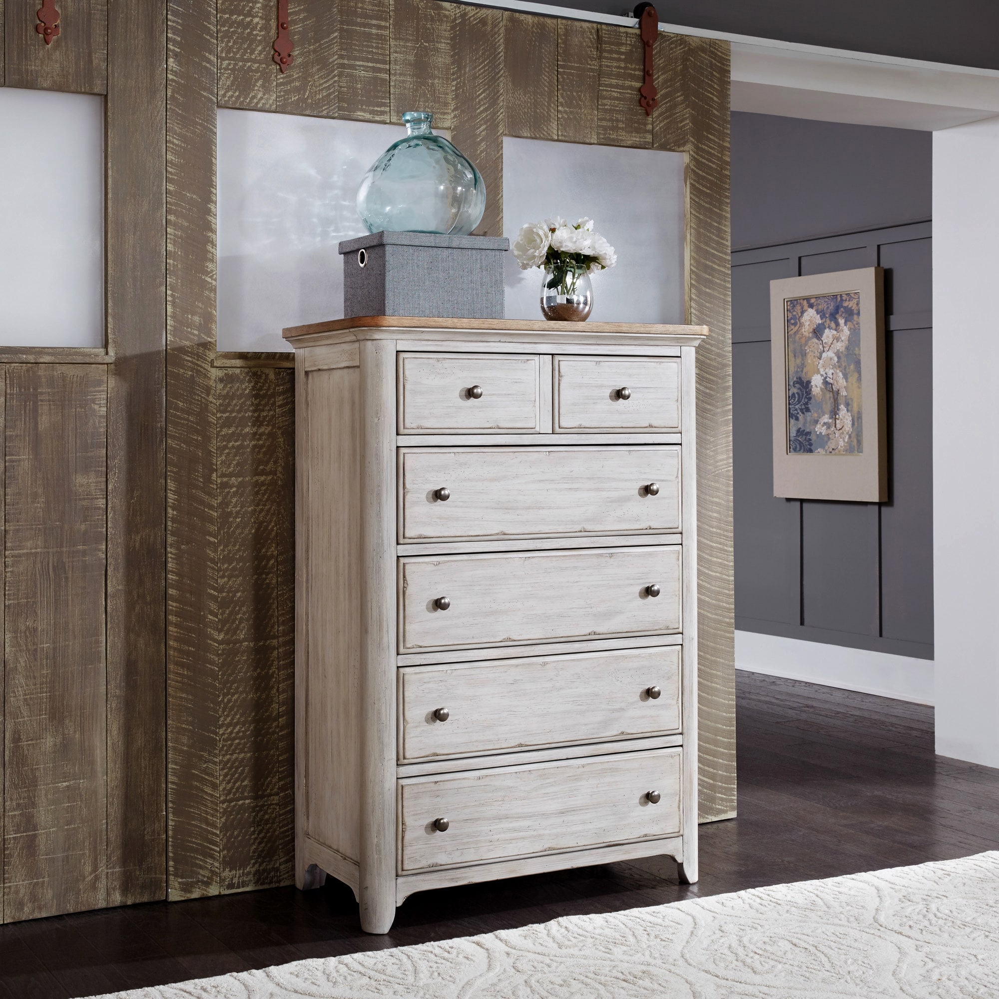 Farmhouse Reimagined Antique White with Chestnut 5 Drawer Chest - - 18705675 - Mycitystee