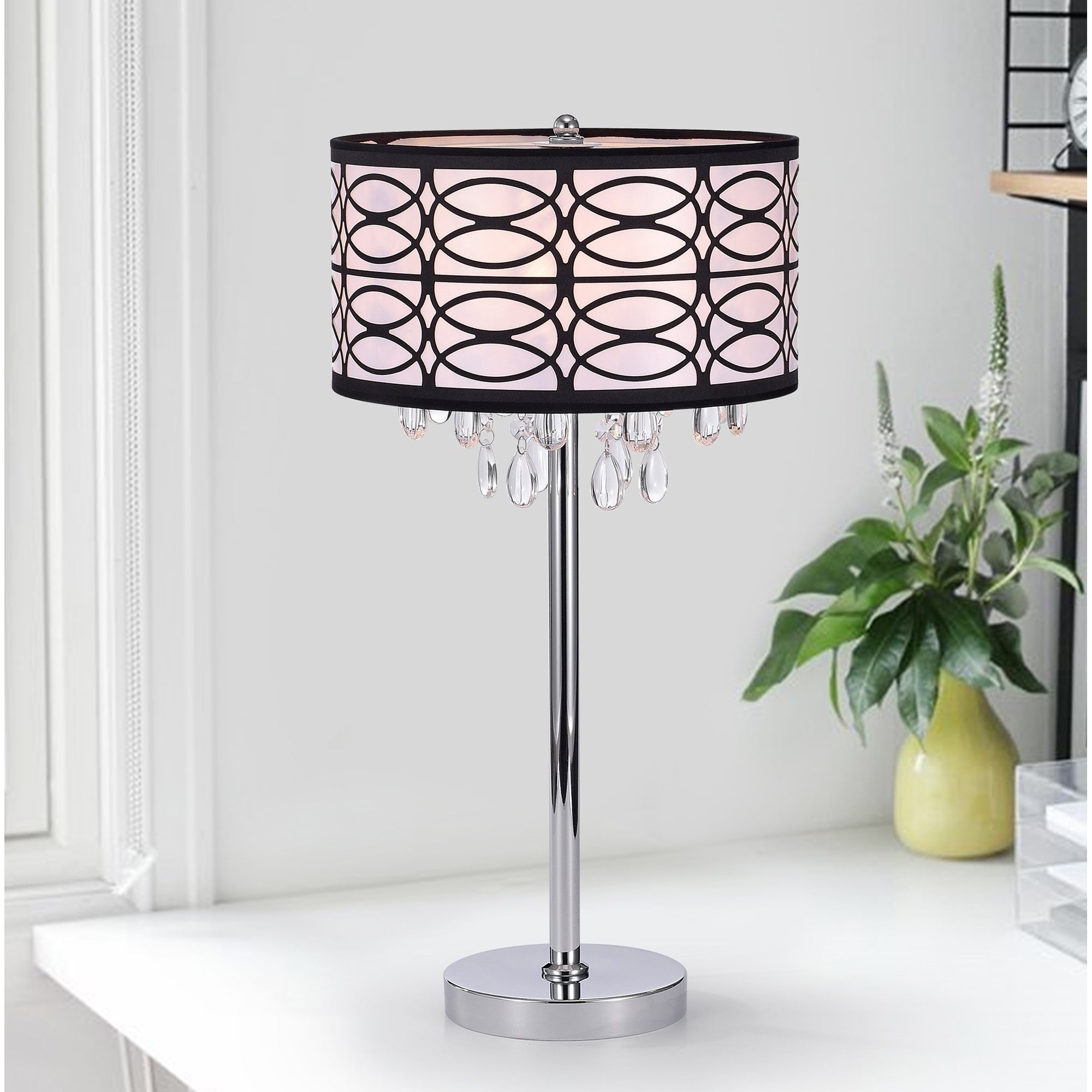 Farrah Chrome 3 Light Fabric Crystal Metal Table Lamp - Mycitystee