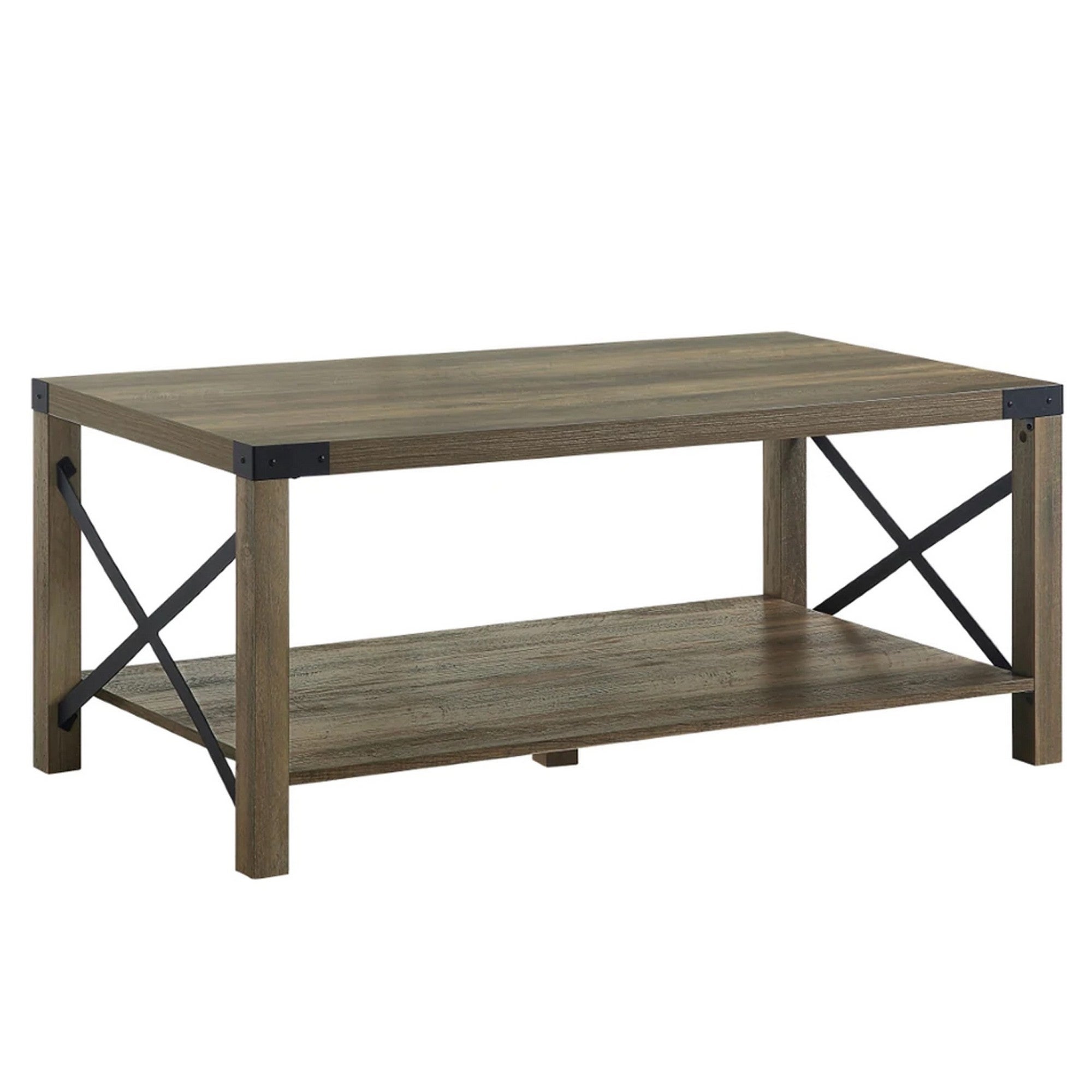 Eli 47 Inch Wood Coffee Table， Metal Brackets， Cross Bars， Rustic Oak Brown - Mycitystee