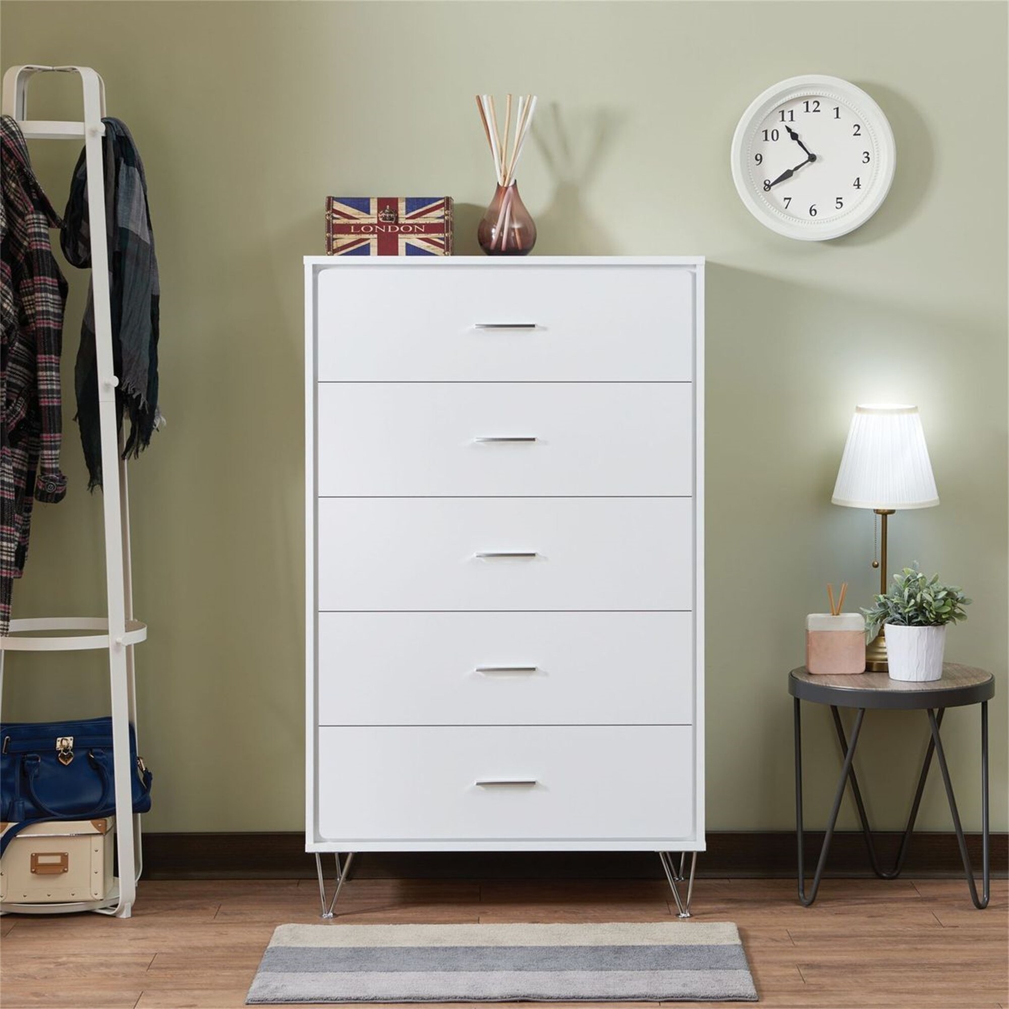 Wood Chest， Dresser Storage Cabinet with 5 Drawers， Metal Legs， White - - 35613526 - Mycitystee
