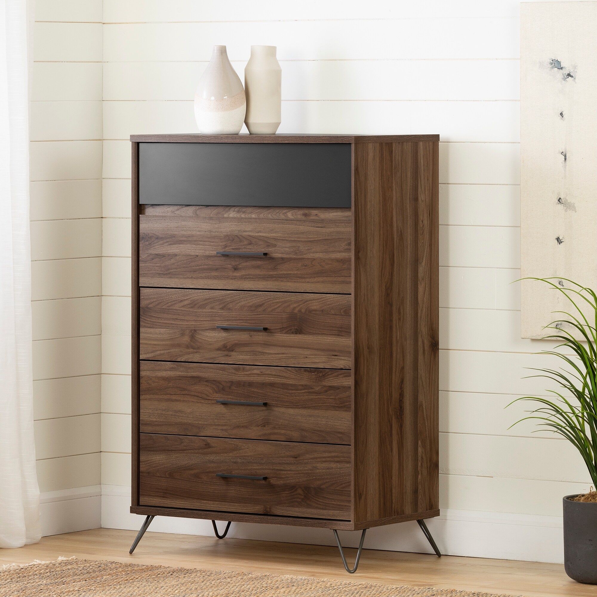 Olvyn 5-Drawer Chest， Natural Walnut and Charcoal - - 28067444 - Mycitystee