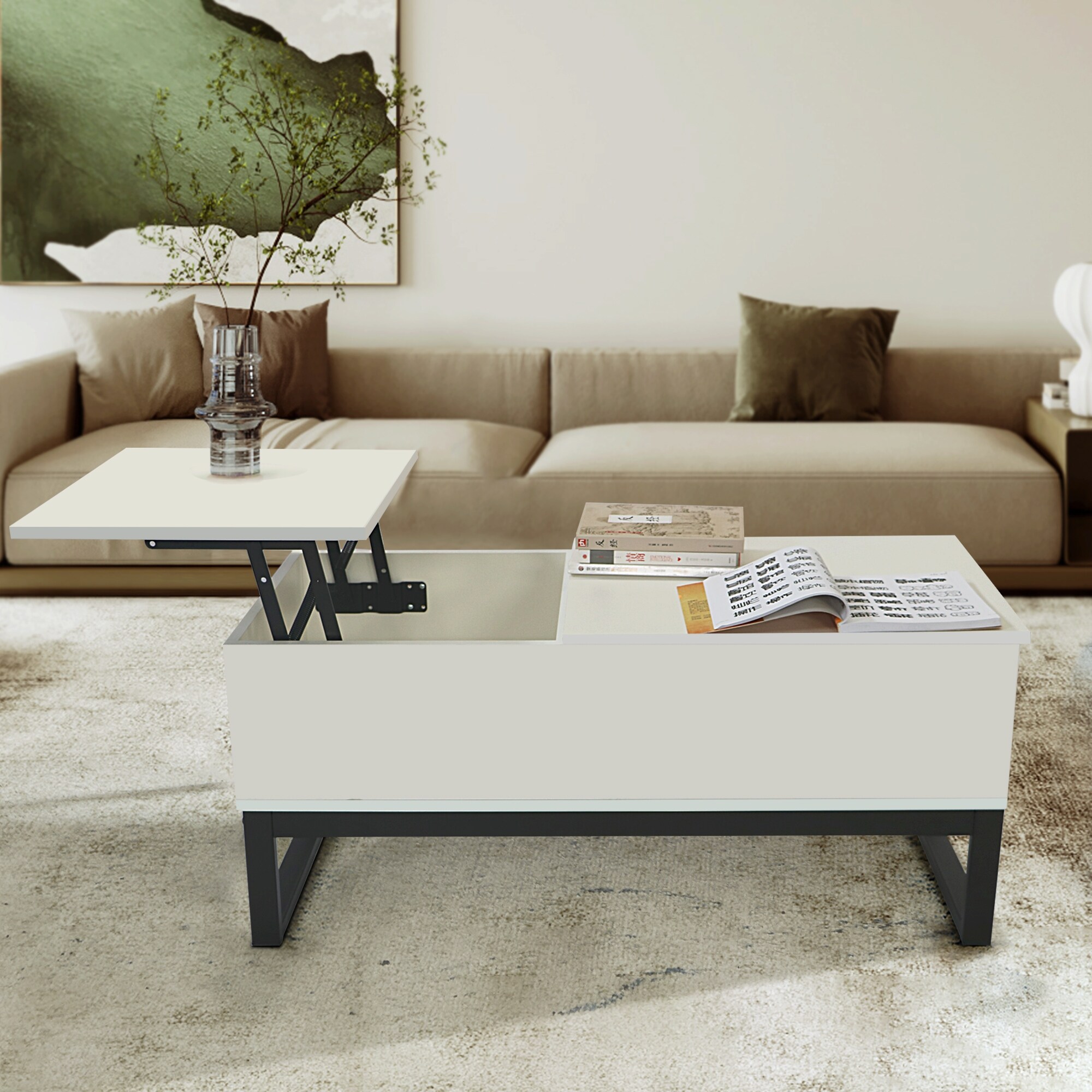 Liftable table top coffee table computer table， steel/metel legs support， big storage space， - Mycitystee