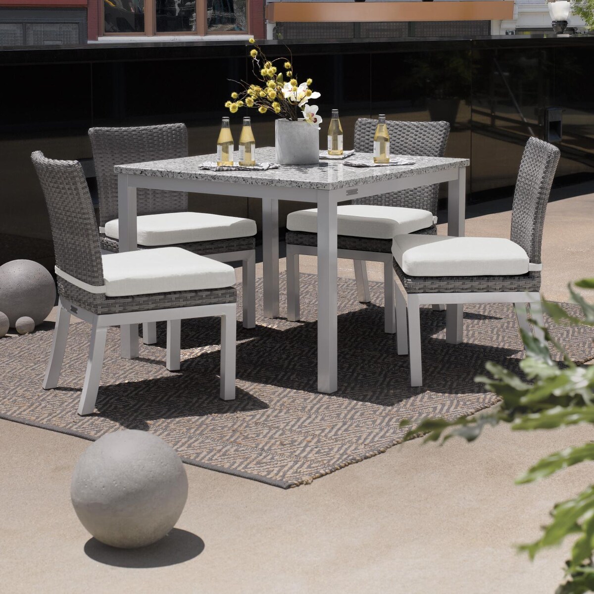 Argento 5 Piece Wicker Patio Dining Set W/ 39 Inch Square Lite-Core Ash Table， Side Chairs and Eggshell White Cushions By Oxford Garden - Mycitystee