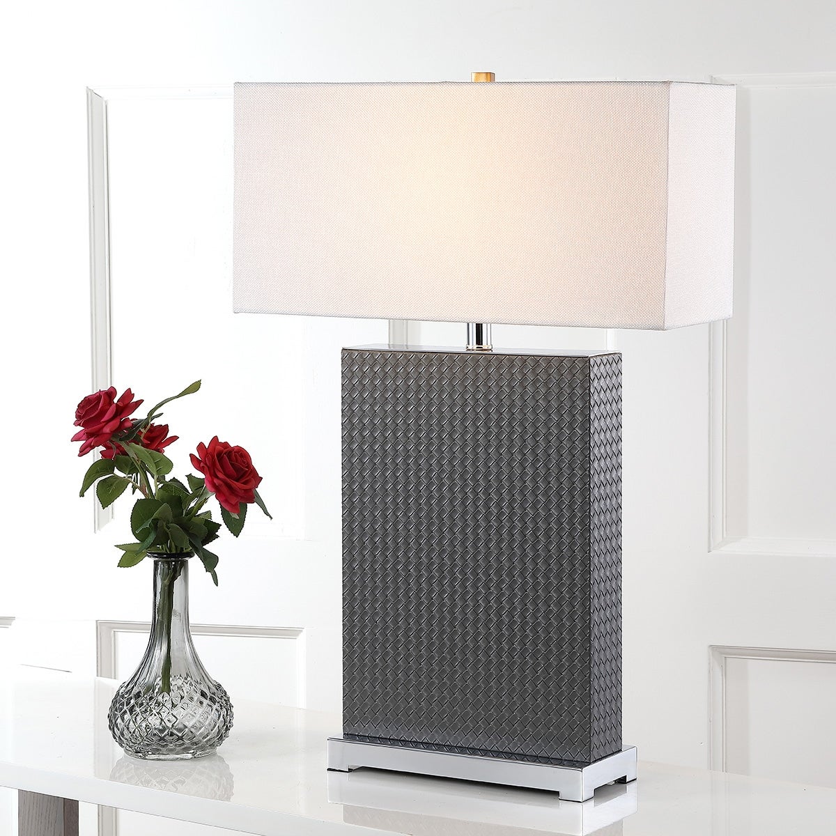 SAFAVIEH Lighting 28-inch Joyce Faux Woven Leather Grey Table Lamp (Set of 2) - 18