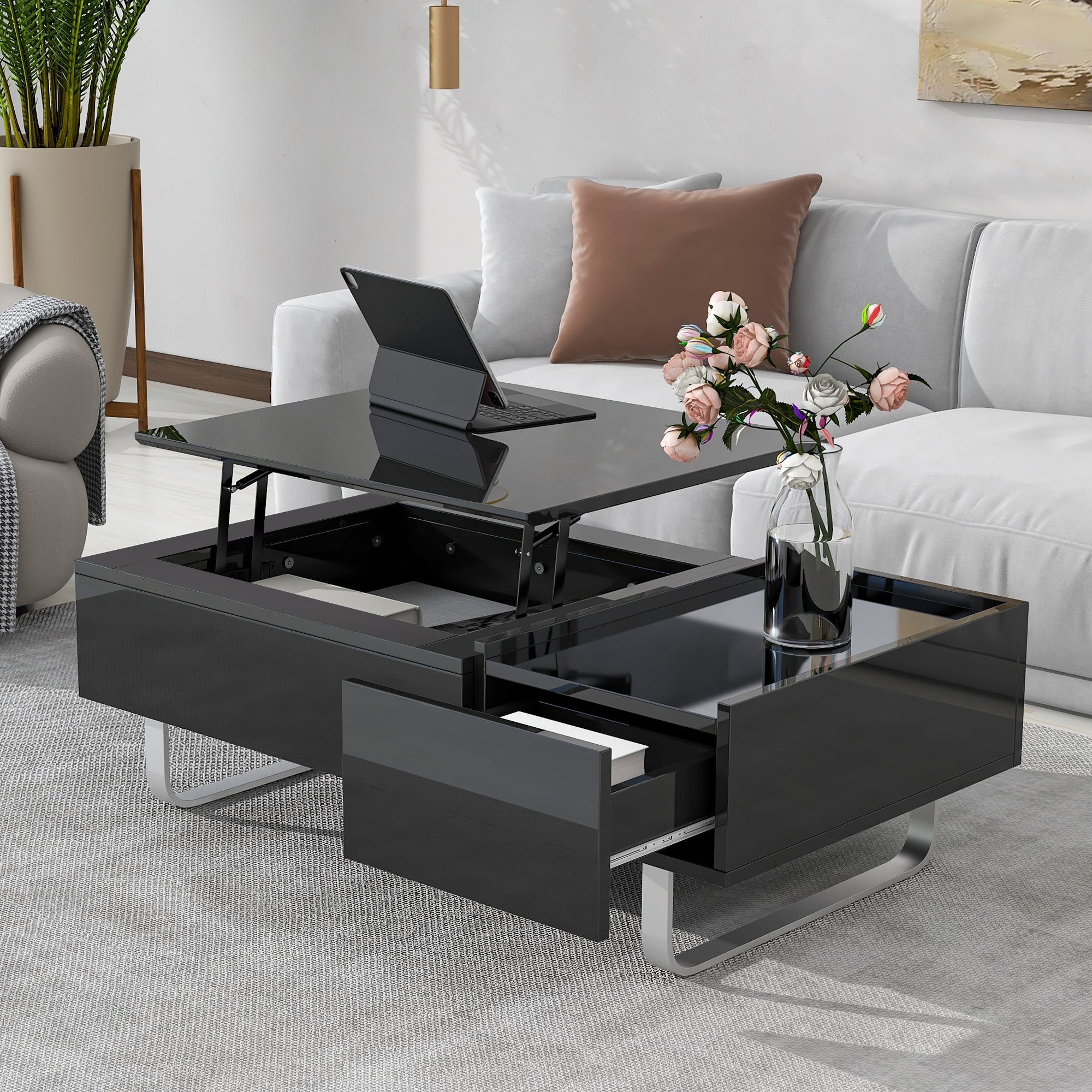 Multifunctional Coffee Table with Lifted Tabletop， High-gloss Surface Sofa Table for Living Room - Mycitystee