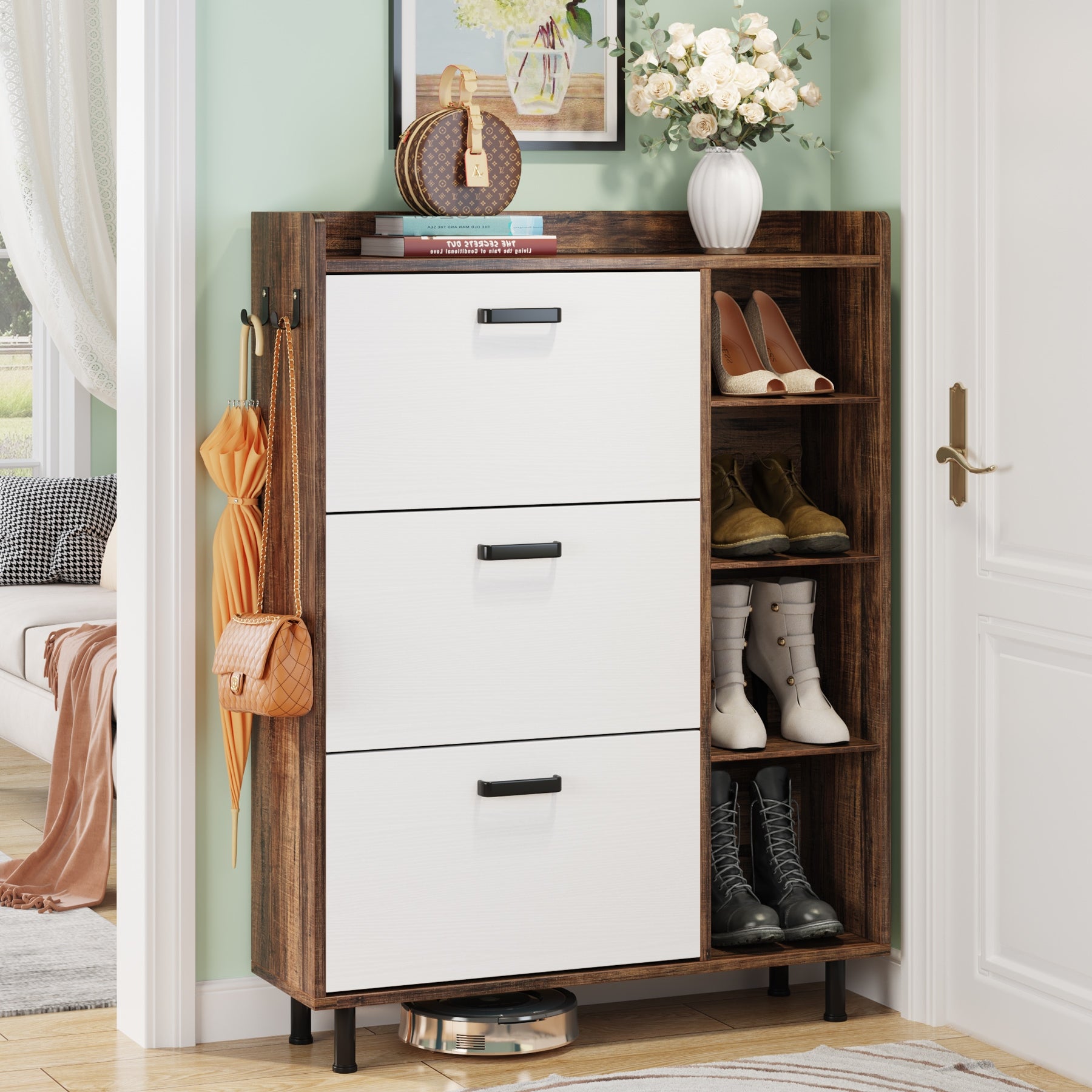 Shoe Storage Cabinet with 3 Flip Drawers and 5 Tiers shelves， Freestanding Wooden Tipping Bucket Shoes Organizer Cabinets - - 35444566 - Mycitystee