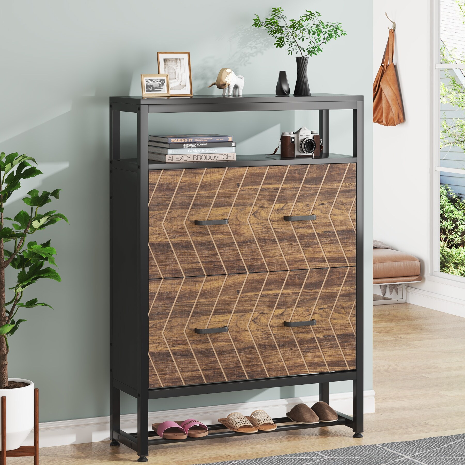 White Shoe Cabinet，Free Standing Shoe Storage Cabinets Organizer，Wood Modern Shoe Cabinet with Flip Drawer for Entryway - - 36142779 - Mycitystee