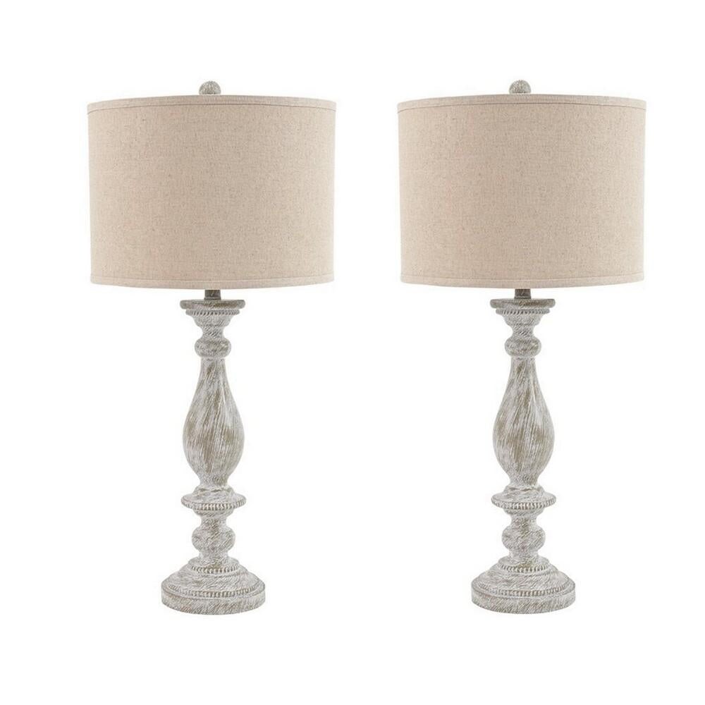 Drum Shade Table Lamp with Pedestal Base， Set of 2， Beige and Off White - 31.38 H x 15.63 W x 15.63 L Inches - Mycitystee
