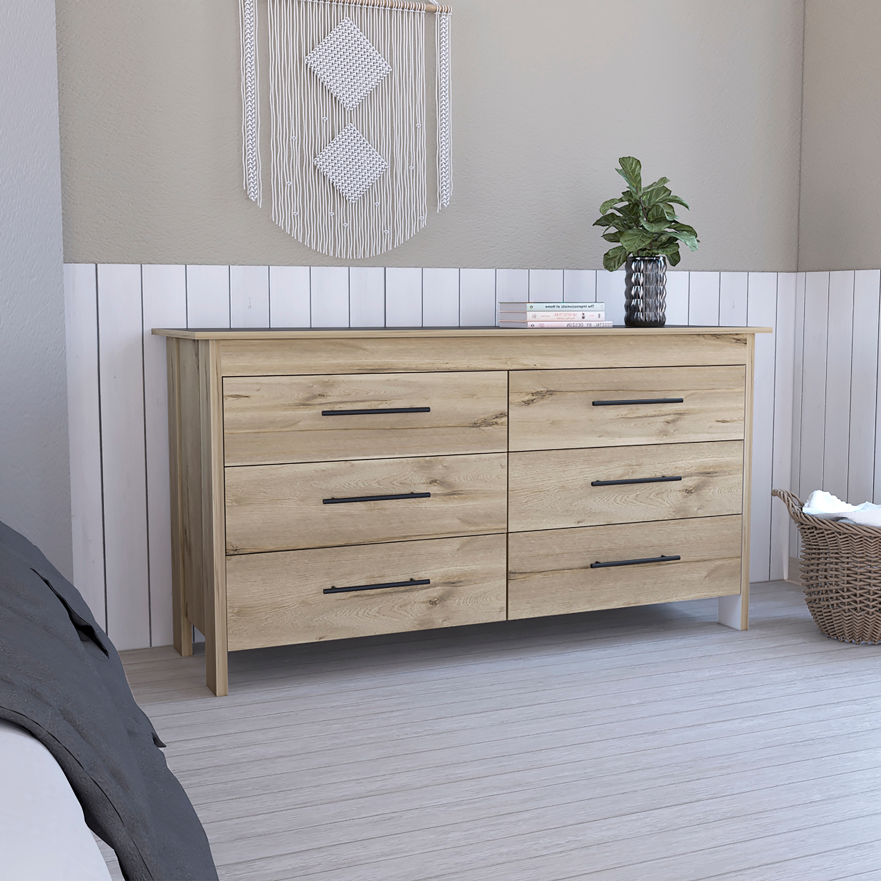 6-Drawer Rectangle Dresser with black metal pulls - - 37397818 - Mycitystee