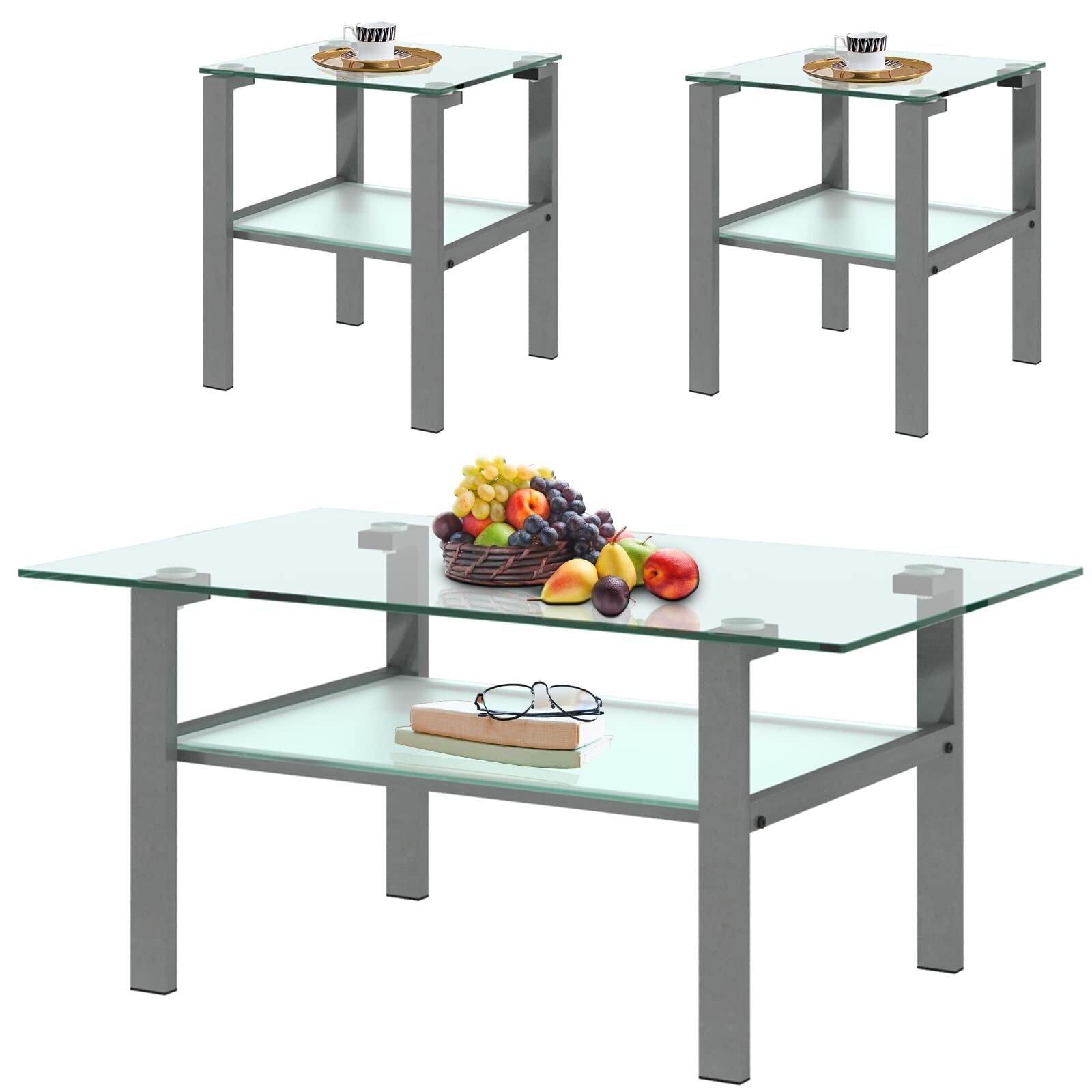 Glass Coffee Table and End Table Sets of 3 for Living Room， Clear Tempered Glass and Gray Metal Leg， - as picture - Mycitystee