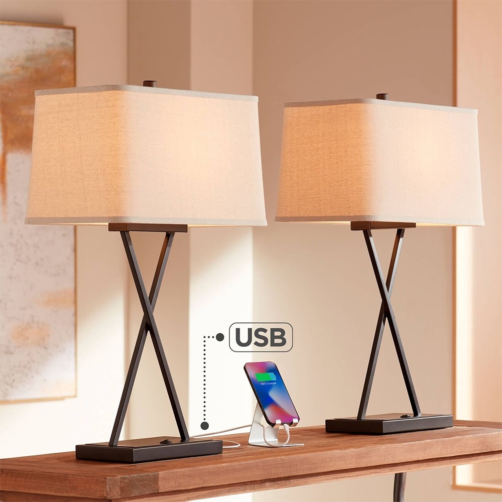 Set of 2 Modern Table Lamps with USB LED Bronze Metal - 16