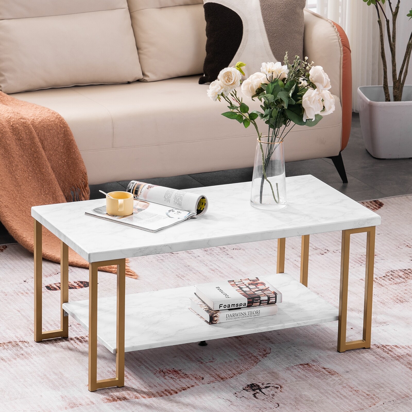 Simple Double-layer Golden Iron Pipe Marble PVC Coffee Table Rectangular - 39.73 x 20.08 x 18.11 - Mycitystee