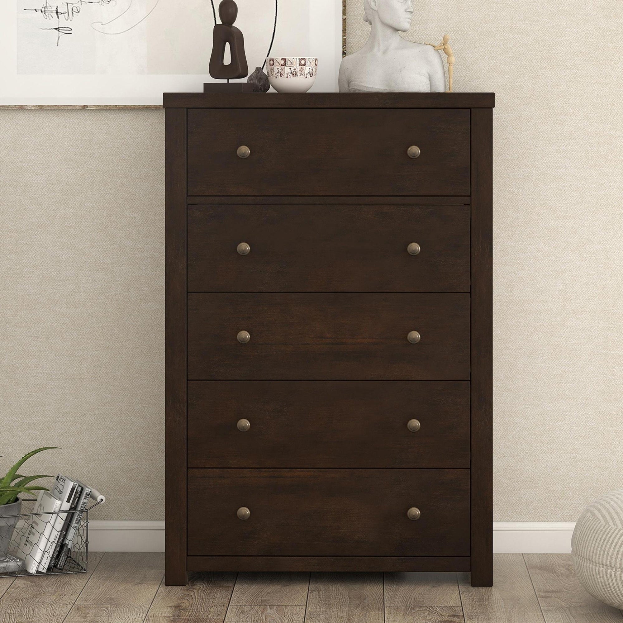 Vintage Aesthetic 5 Drawers Solid Wood Chest in Rich Brown - - 36406704 - Mycitystee