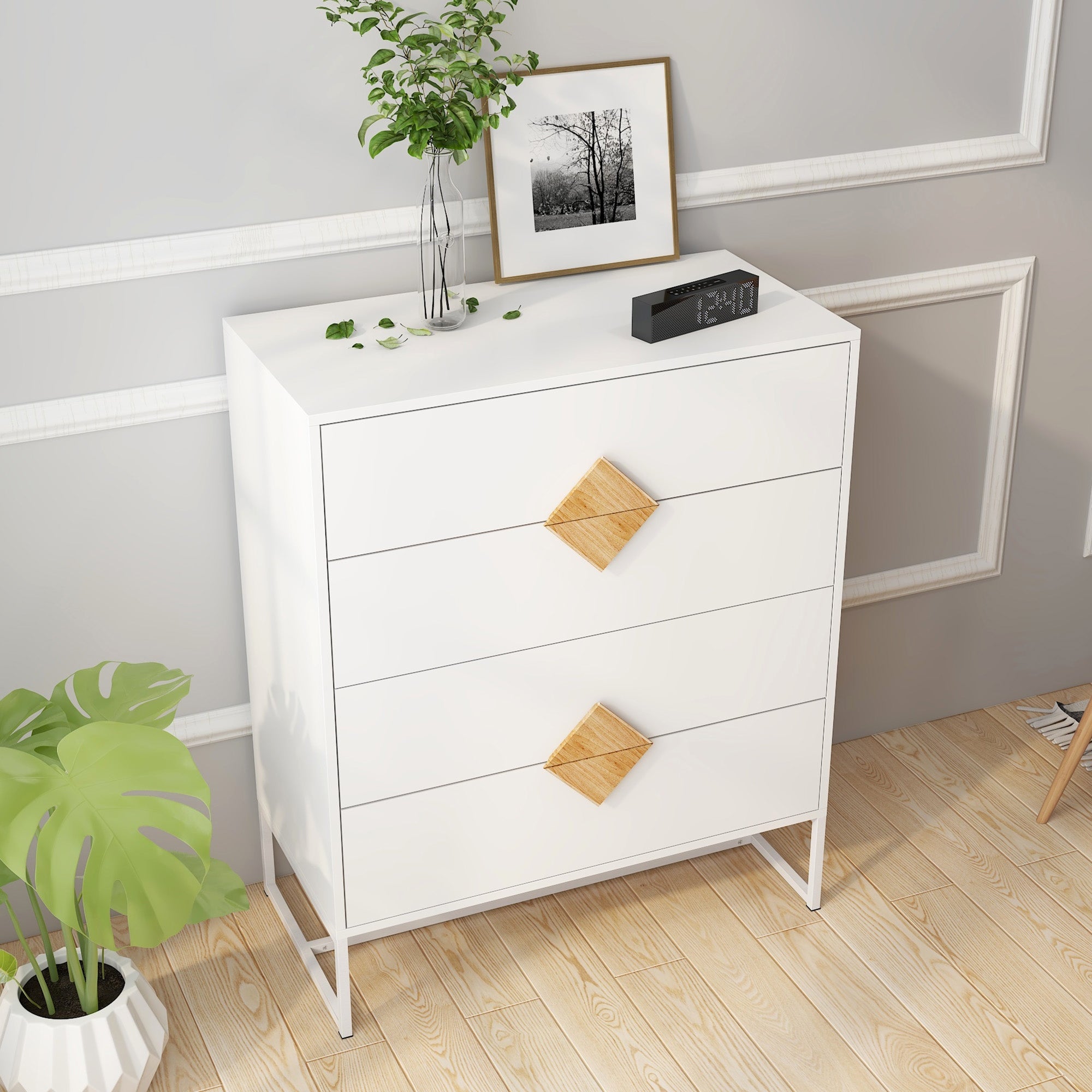 Mieres Modern 4-Drawer Wood Dresser with Sturdy Metal Frame， Free Standing Dresser Storage Organizer for Bedroom and Living Room - - 36023226 - Mycitystee