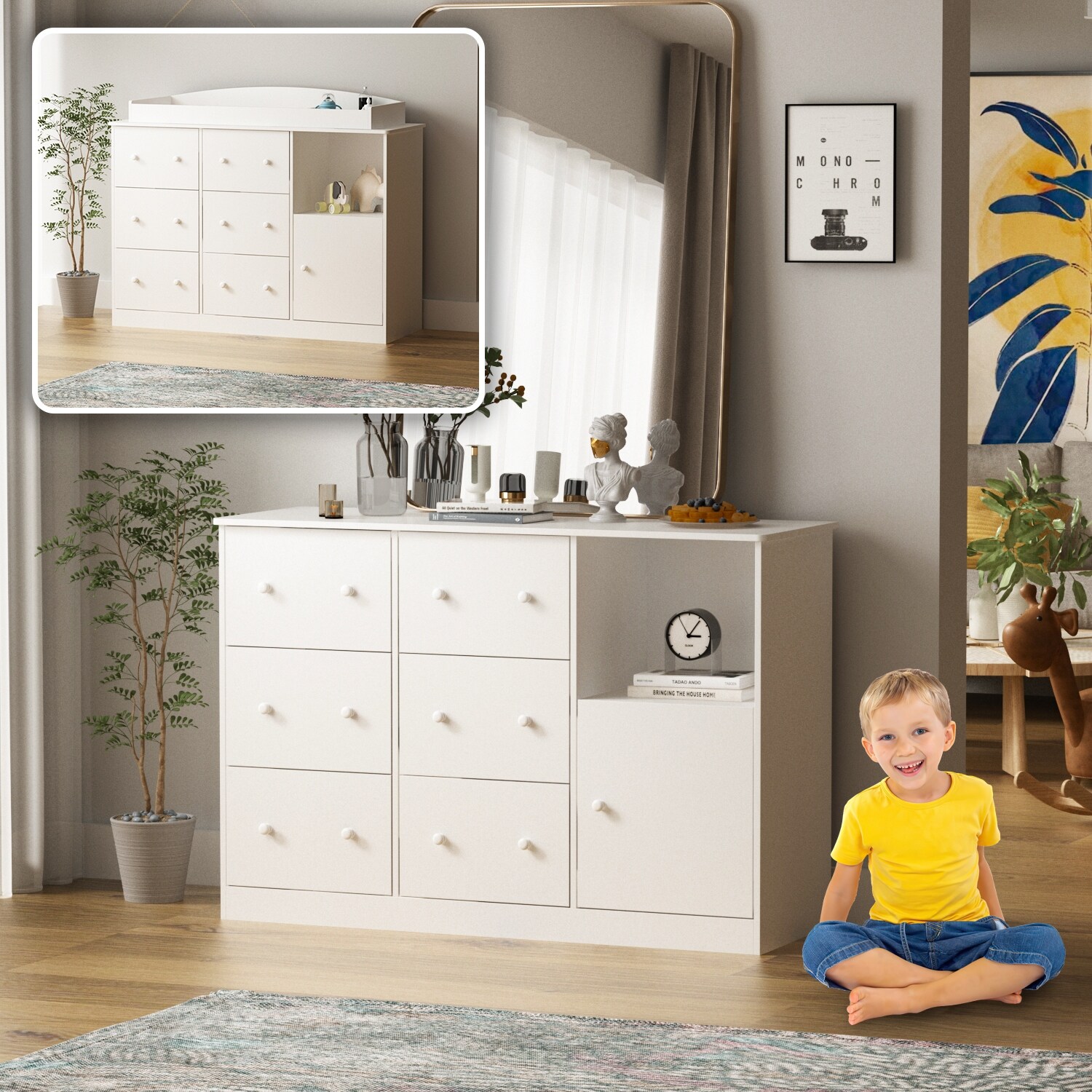 Timechee Large Changing Table Dresser with 6 Drawer 1 Cabinet - - 36004490 - Mycitystee