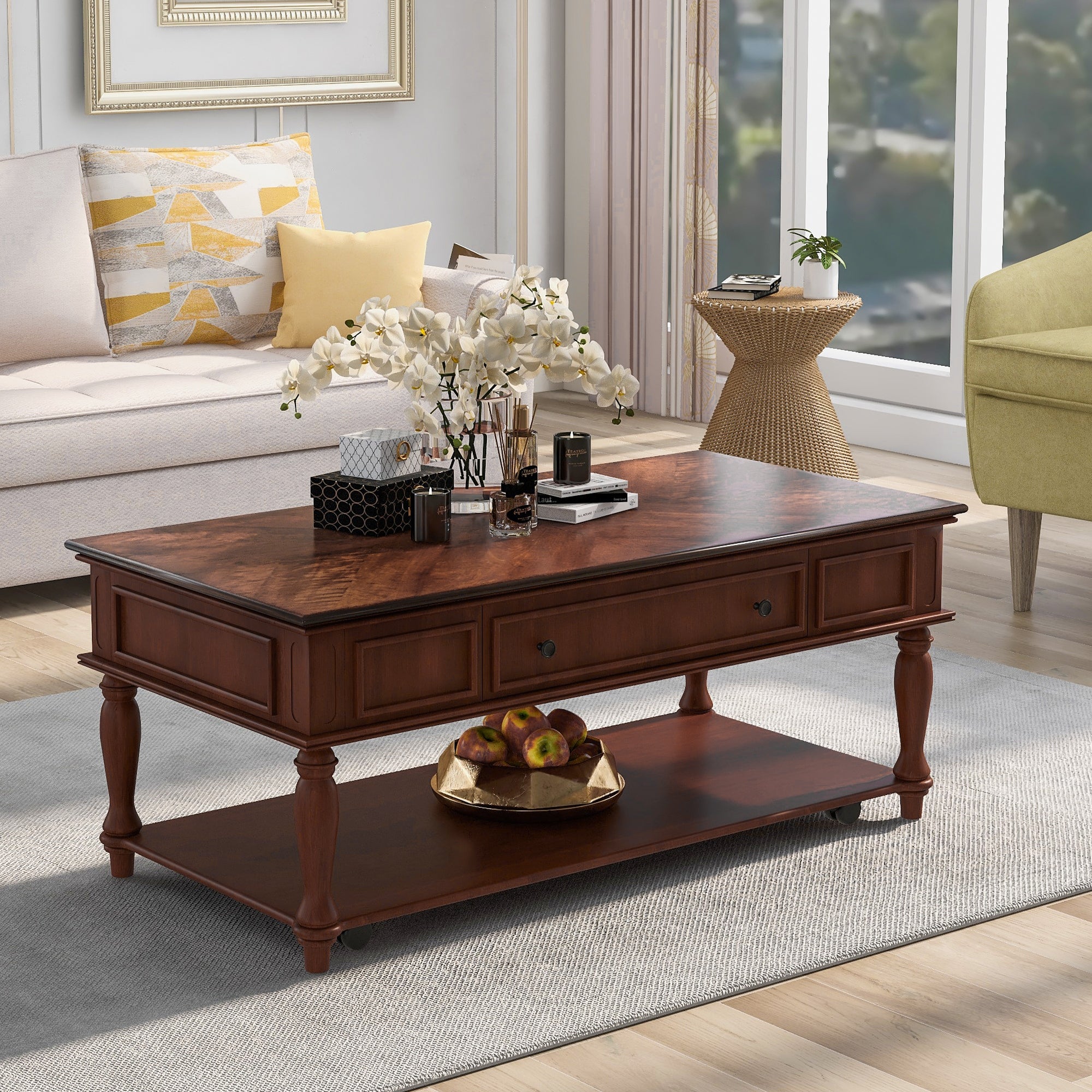 Retro Cocktail Table with Drawers， Movable Coffee Table with Caster Wheels for Living Room - Mycitystee